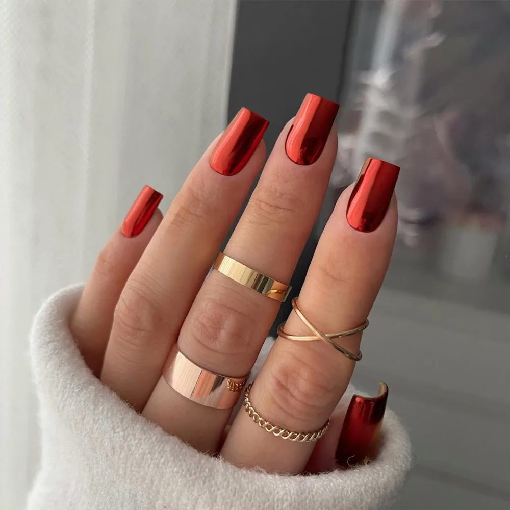 Orange Red Chrome Square Press on Nails Short Medium,SXVME Metallic Fake Nails Acrylic Nails Press ons,Mirror Metal Chrome Nails Glue on Nails Medium,Short Coffin Nails False Nails in 24 PCS