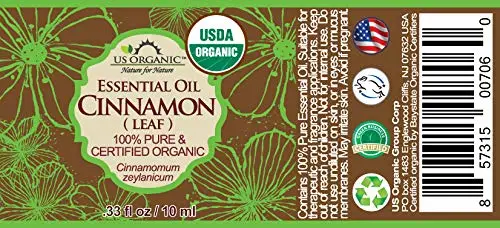 US Organic 100% Pure Cinnamon Leaf Essential Oil - USDA Certified Organic, Steam Distilled - W/Euro Dropper (More Size Variations Available) (10 ml / .33 fl oz)