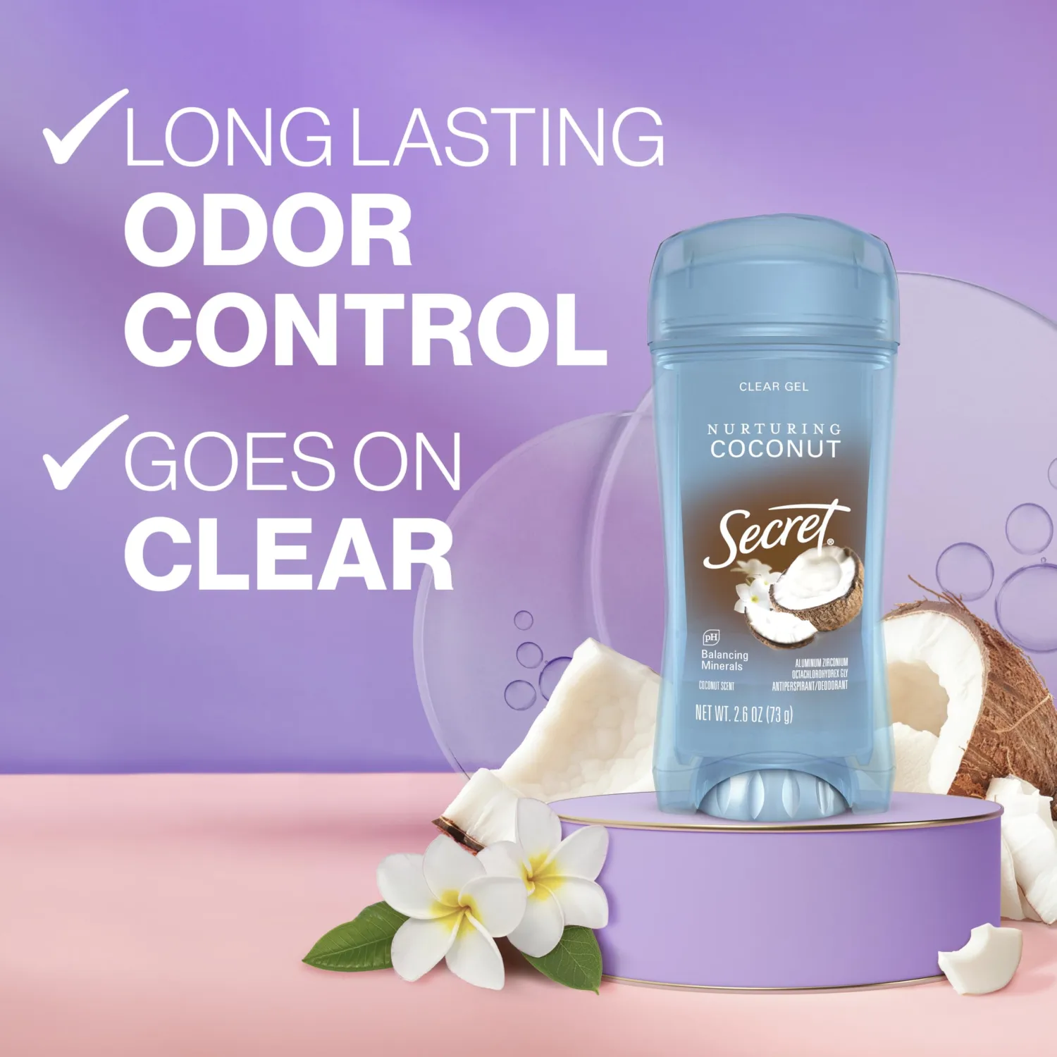 Secret Fresh Antiperspirant Deodorant for Women, 72hr Breathable Sweat & Odor Protection, Instant Freshness & Gentle, PH Balancing Minerals, Clear Gel, Nurturing Coconut Scent, 2.6 oz