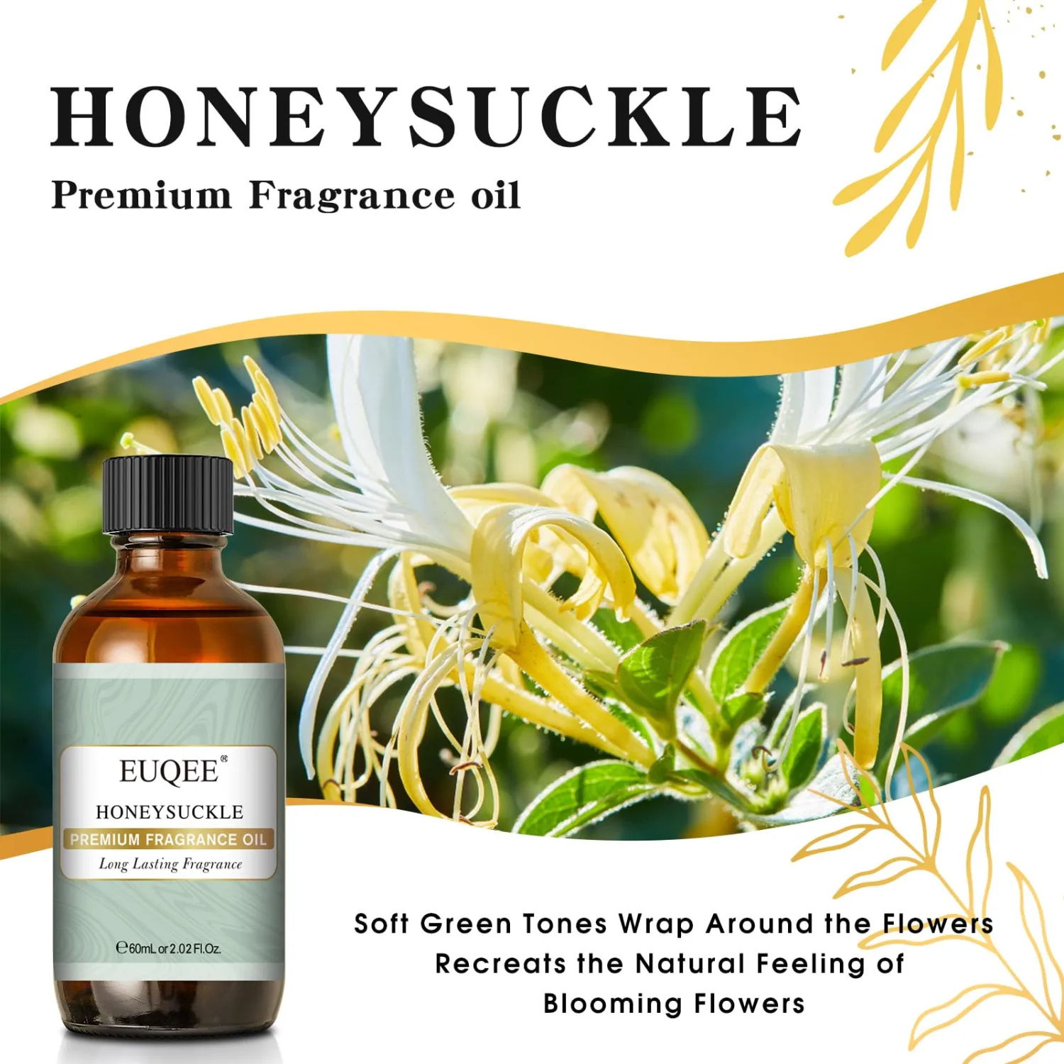 Honeysuckle Fragrance Oil 60 ml Premium Fragrance Essential Oil with Glass Dropper for Candle Making, DIY Bath Bombs, Aromatherapy (2.02 Fl oz)