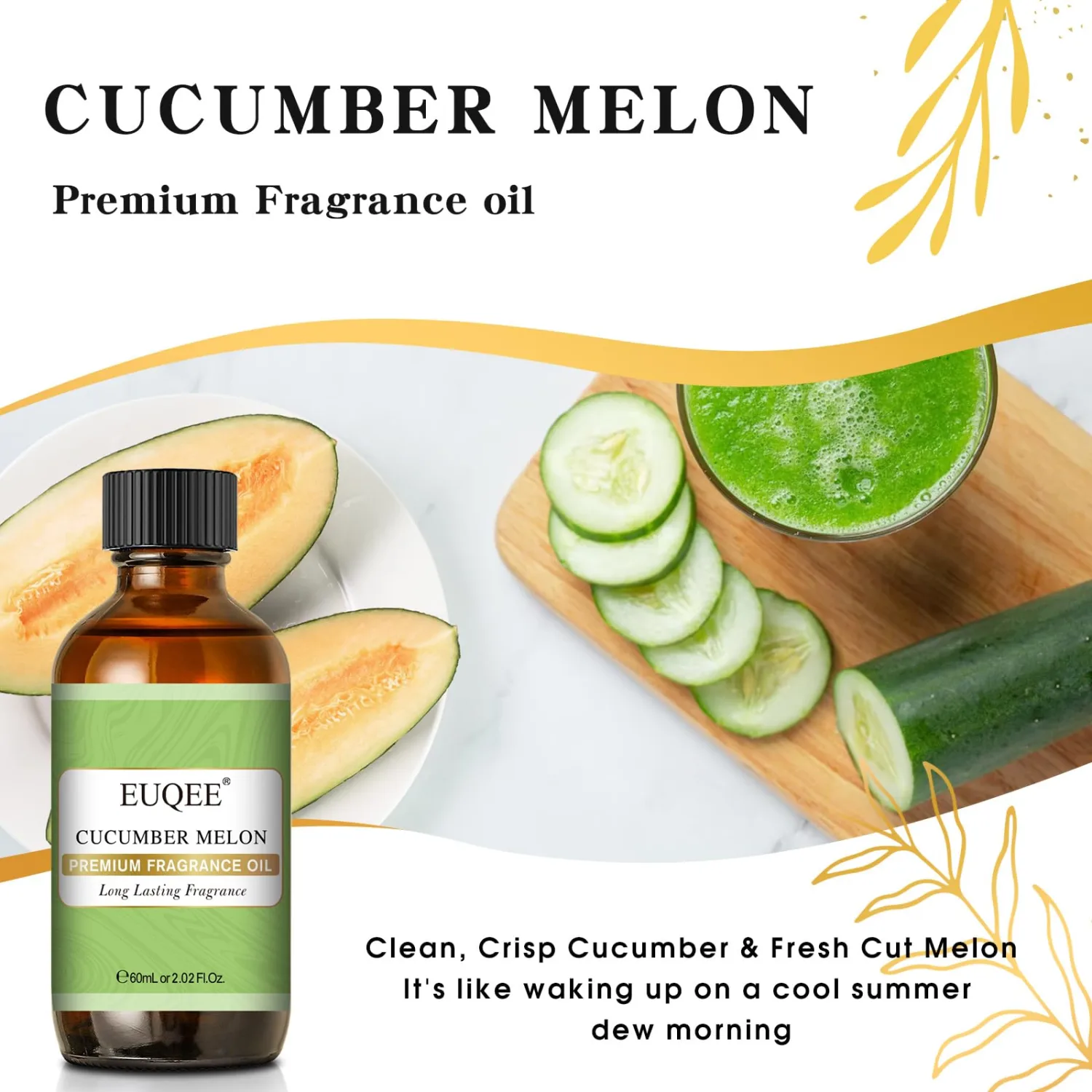 Cucumber Melon Fragrance Oil, Premium Cucumber Melon Essential Oil 2.02 Fl oz/ 60ml with Glass Dropper for Diffuser, DIY Soap, Candle Making