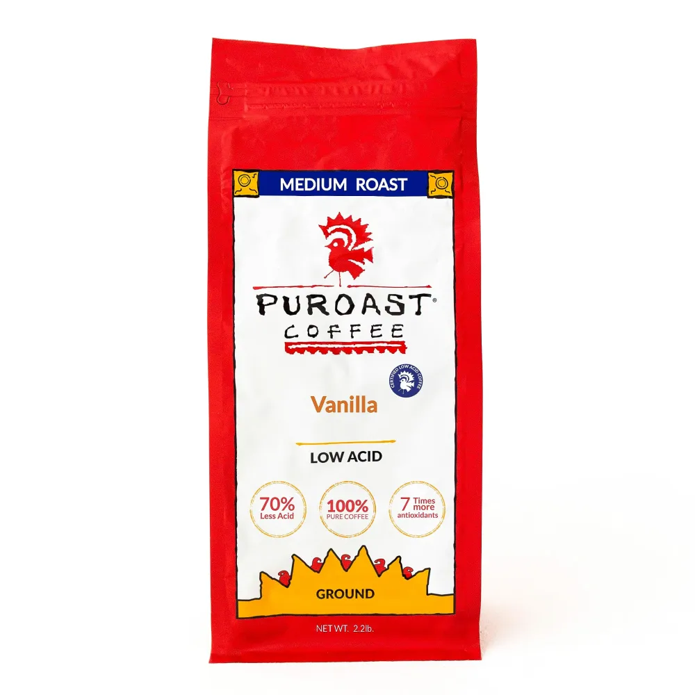 Puroast Low Acid Coffee Ground | Vanilla Blend Ground | Medium Roast | High Antioxidants & High pH |No Bitter Aftertaste | Reduced Heartburn & GERD | Suitable for Cold Brew - 2.2 LB