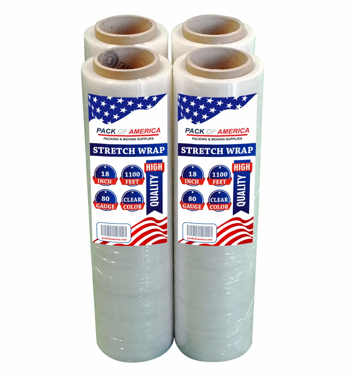 Stretch Film - 4 Roll Clear, 18” x 1100 Feet, 80 Gauge (20 Micron) Industrial Heavy Duty Plastic Shrink Wrap and Dispenser for Packing, Shipping, Pallet, Moving Supplies