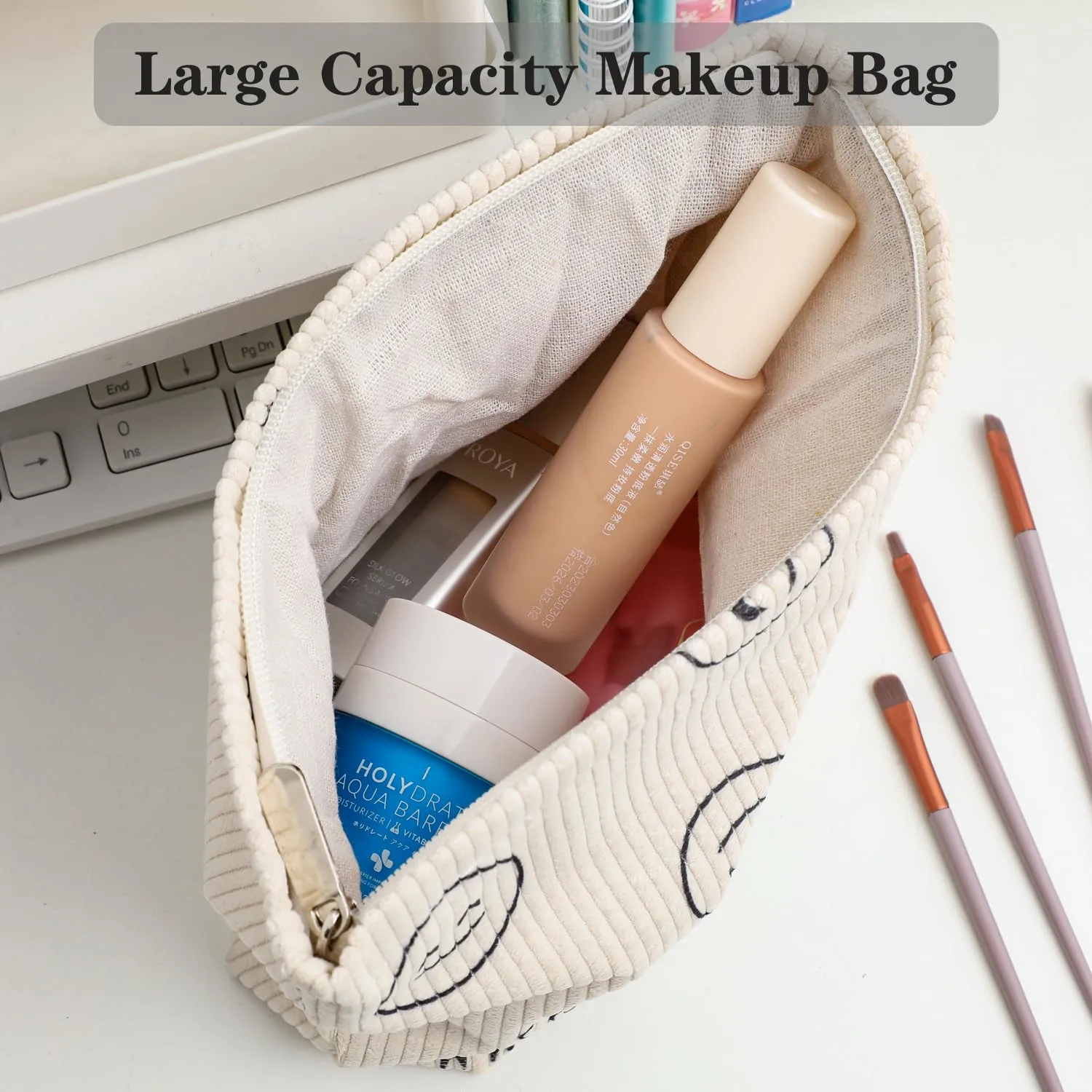 Cosmetic bag Makeup bag Preppy Cute Corduroy Toiletry bag for women travel essentials (Full beige)