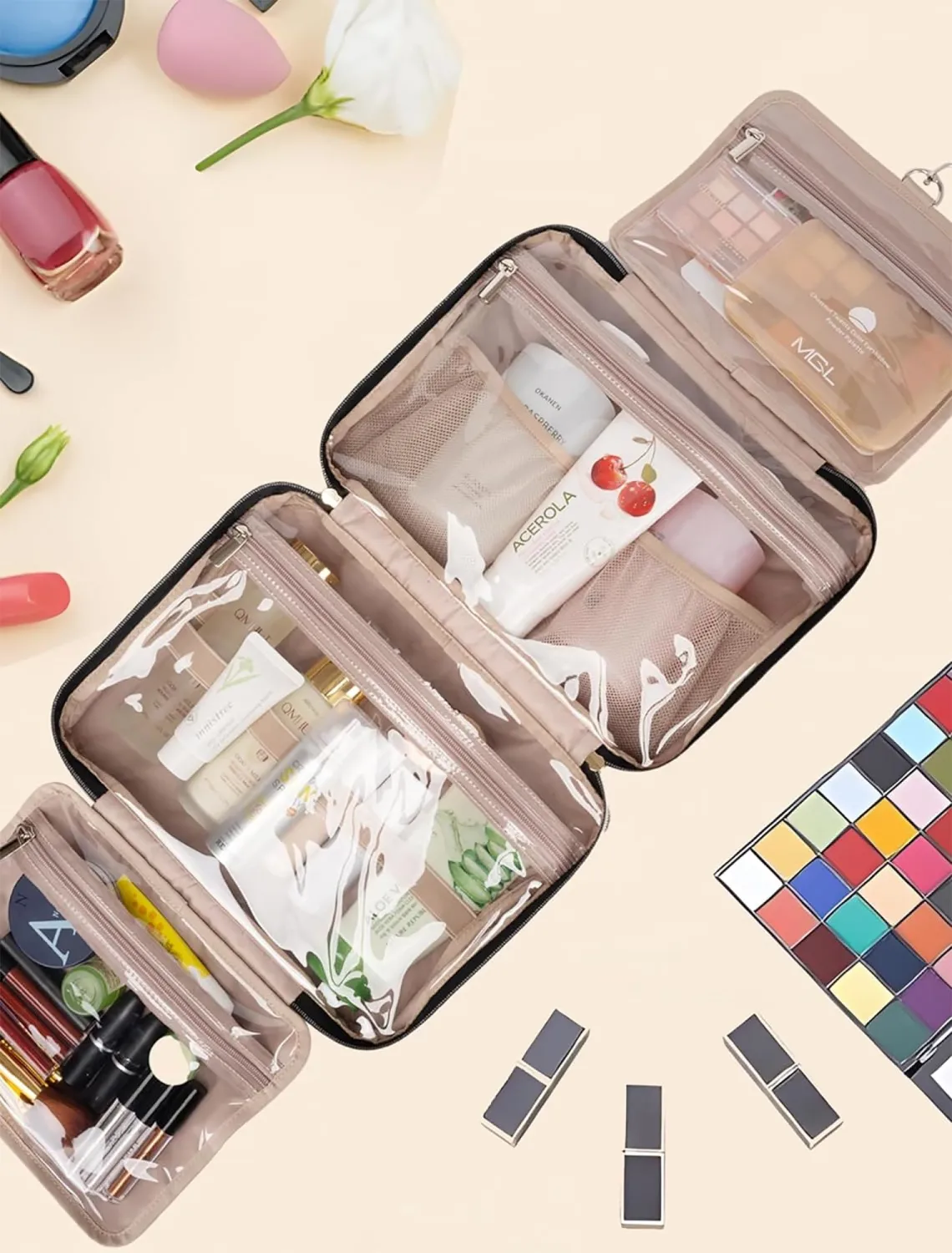 Pink Toiletry Bag Travel with Hanging Hook, Water-resistant Cosmetic Makeup Bag Organizer for Shampoo, Full Sized Container, Toiletries