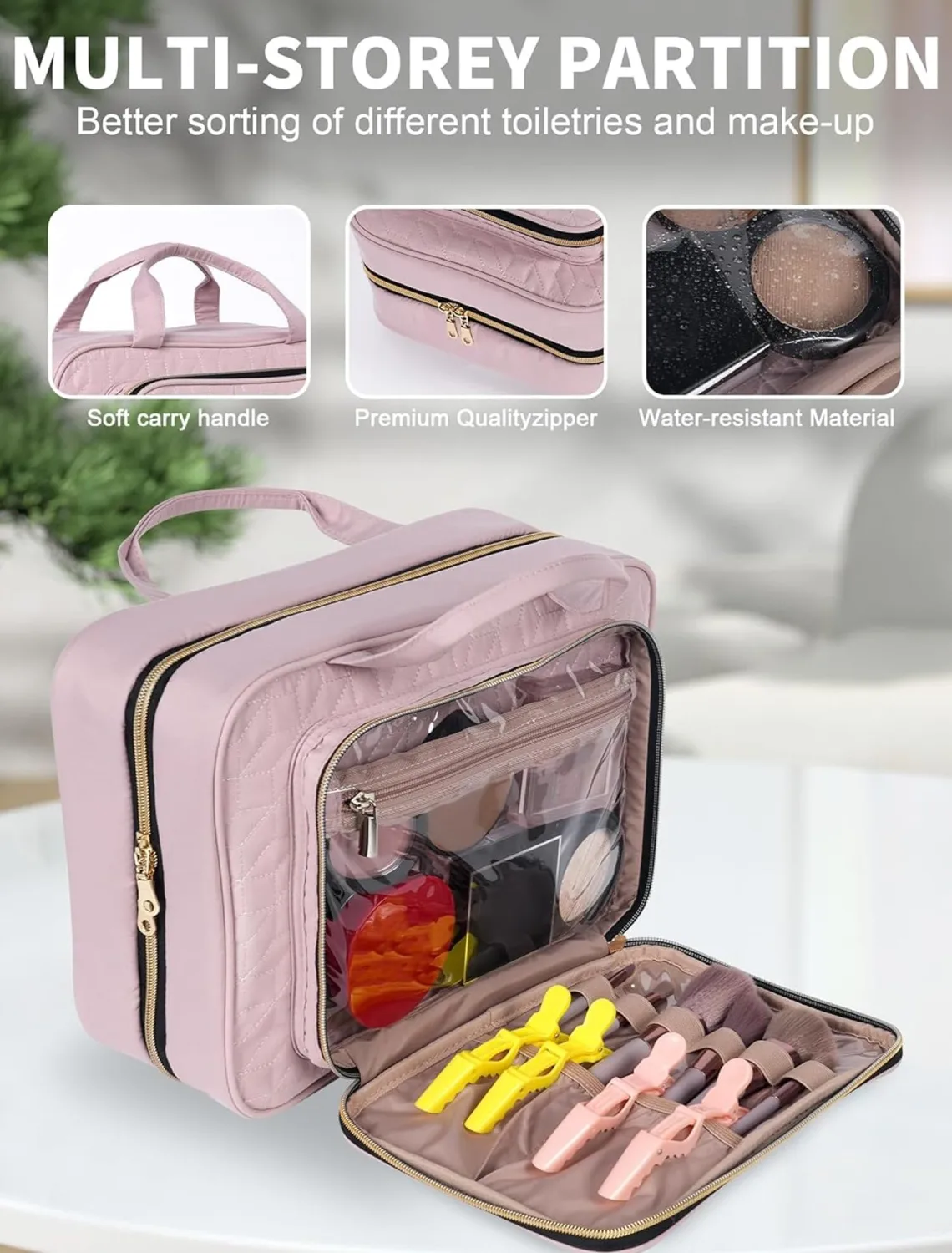 Pink Toiletry Bag Travel with Hanging Hook, Water-resistant Cosmetic Makeup Bag Organizer for Shampoo, Full Sized Container, Toiletries