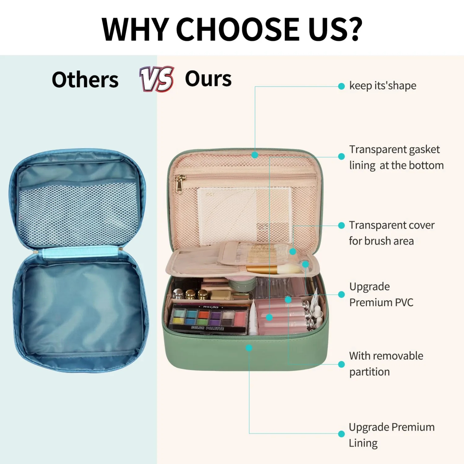 OCHEAL Makeup Bag, Cute Makeup Organizer Bag Potable Make up Bag for Toiletry Cosmetics Accessories with Divider and Brushes Compartments, Makeup Travel Cosmetic Bags Women Girls- Light Green