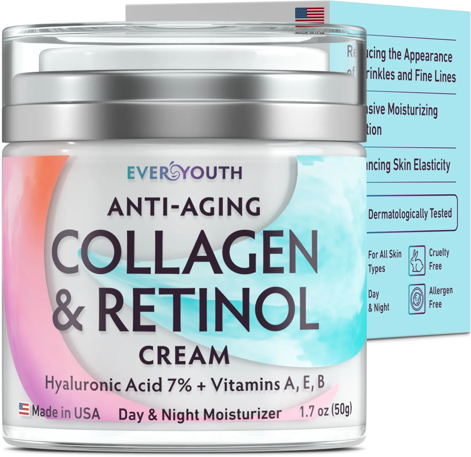 Collagen Retinol Face Moisturizer with Hyaluronic Acid, Moisturizer Face Cream Made in USA, Day & Night Cream for Women Anti Wrinkle Cream for Face, Daily Facial Moisturizer, Moisturizing Cream, 1.7oz