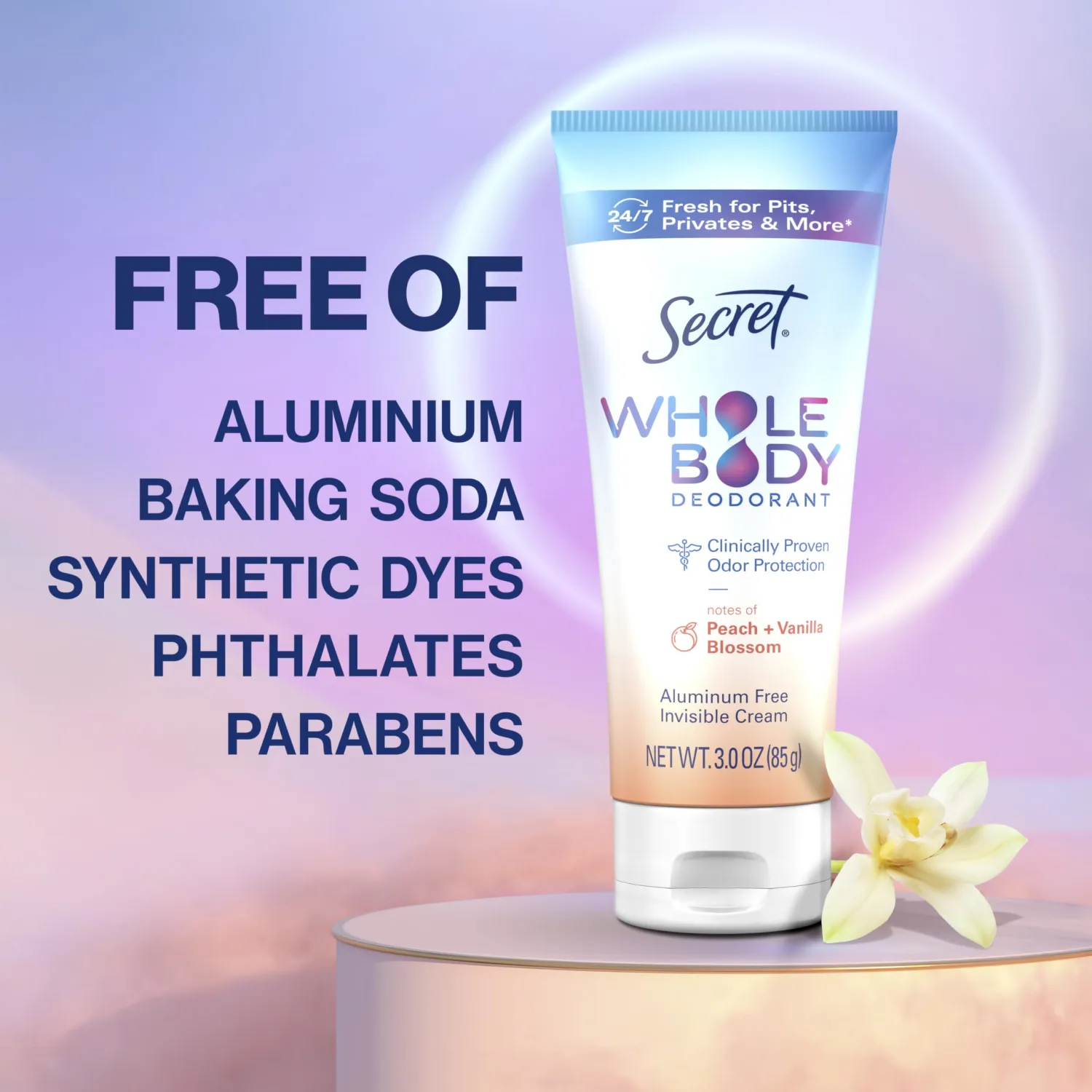 Secret Whole Body Deodorant Cream for Women, Peach & Vanilla Blossom Scent, Aluminum Free Deodorant, 72 HR Odor Protection, 3.0 oz
