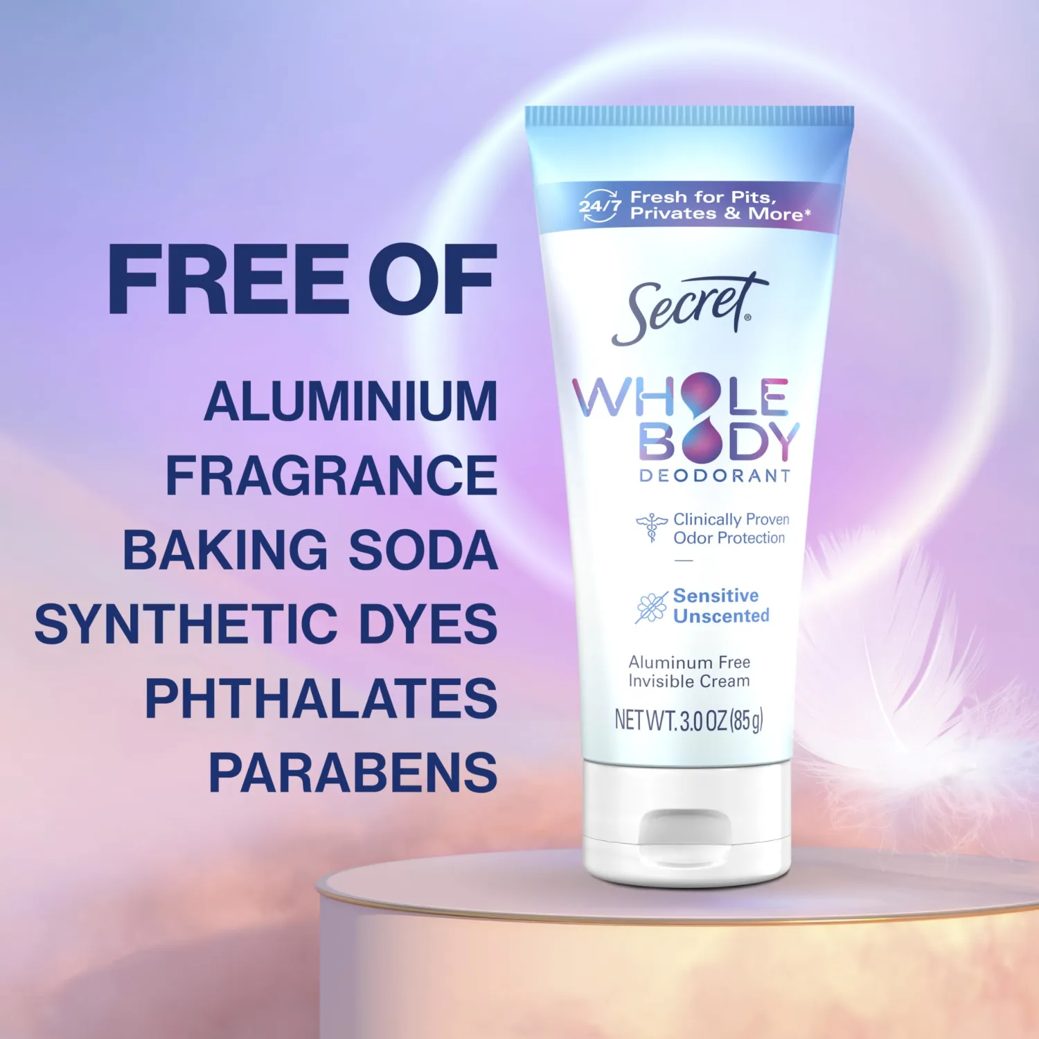 Secret Whole Body Deodorant Cream for Women, Unscented, Aluminum Free Deodorant Cream, 72 HR Odor Protection, 3.0 oz