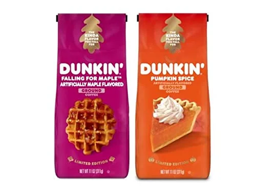 Treasures and Trinkets Dunkin Donuts Seasonal Limited Edition Ground Coffee Variety Pack - Pumpkin Spice Falling for Maple 11 oz Per Flavor 22 Total (Includes TnT Blue Non-Woven Tote Bag), ounces