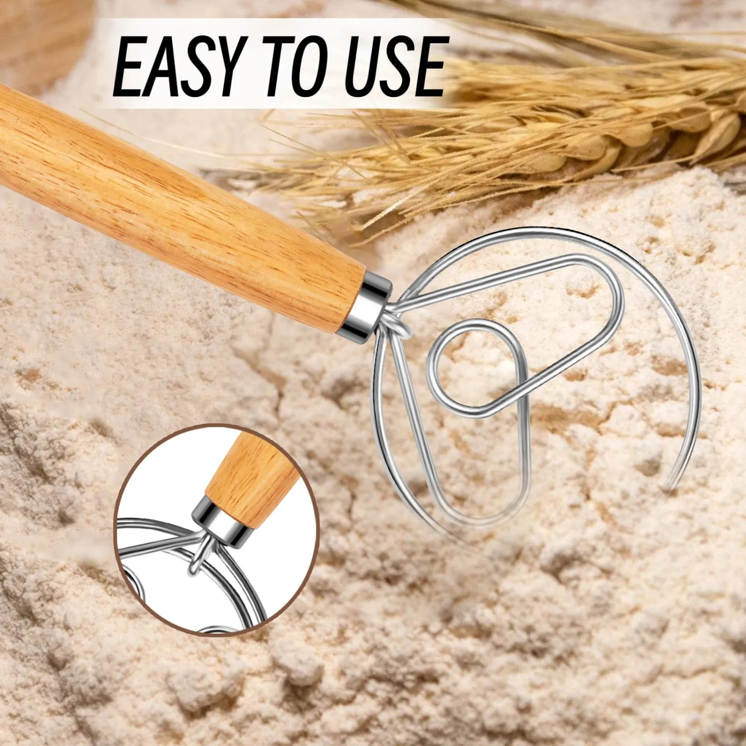 Danish Dough Whisk Stainless Steel Hook Dutch Style Bread Mixer with Wooden Handle for Sourdough Making Tools