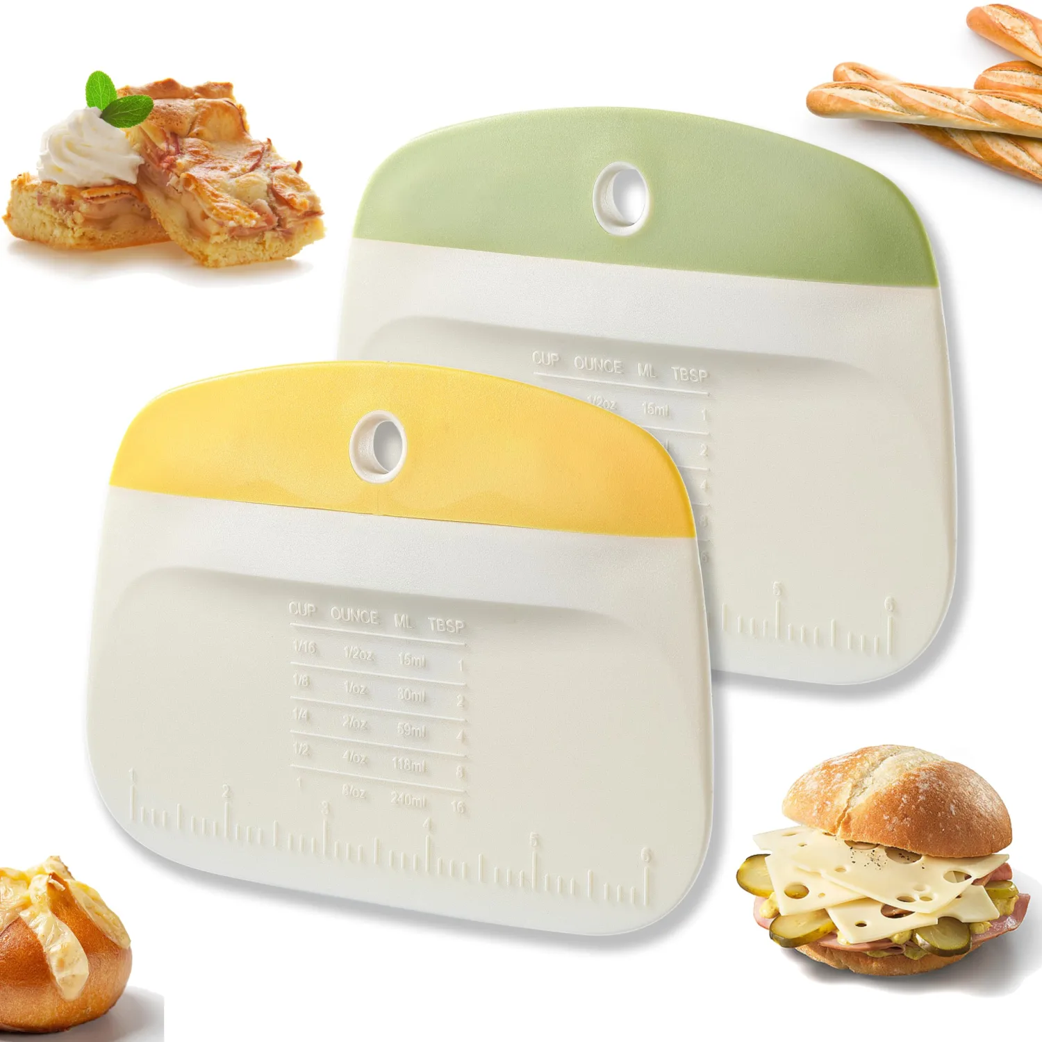 2PCS Bowl Scraper, Little Cook Bench Dough Bread Scraper, Premium Plastic Dough Cutter, Multipurpose Kitchen Food Scraper for Bread, Dough, Pastry, Cake, Baking and Cooking (2Pack, Yellow+Green)