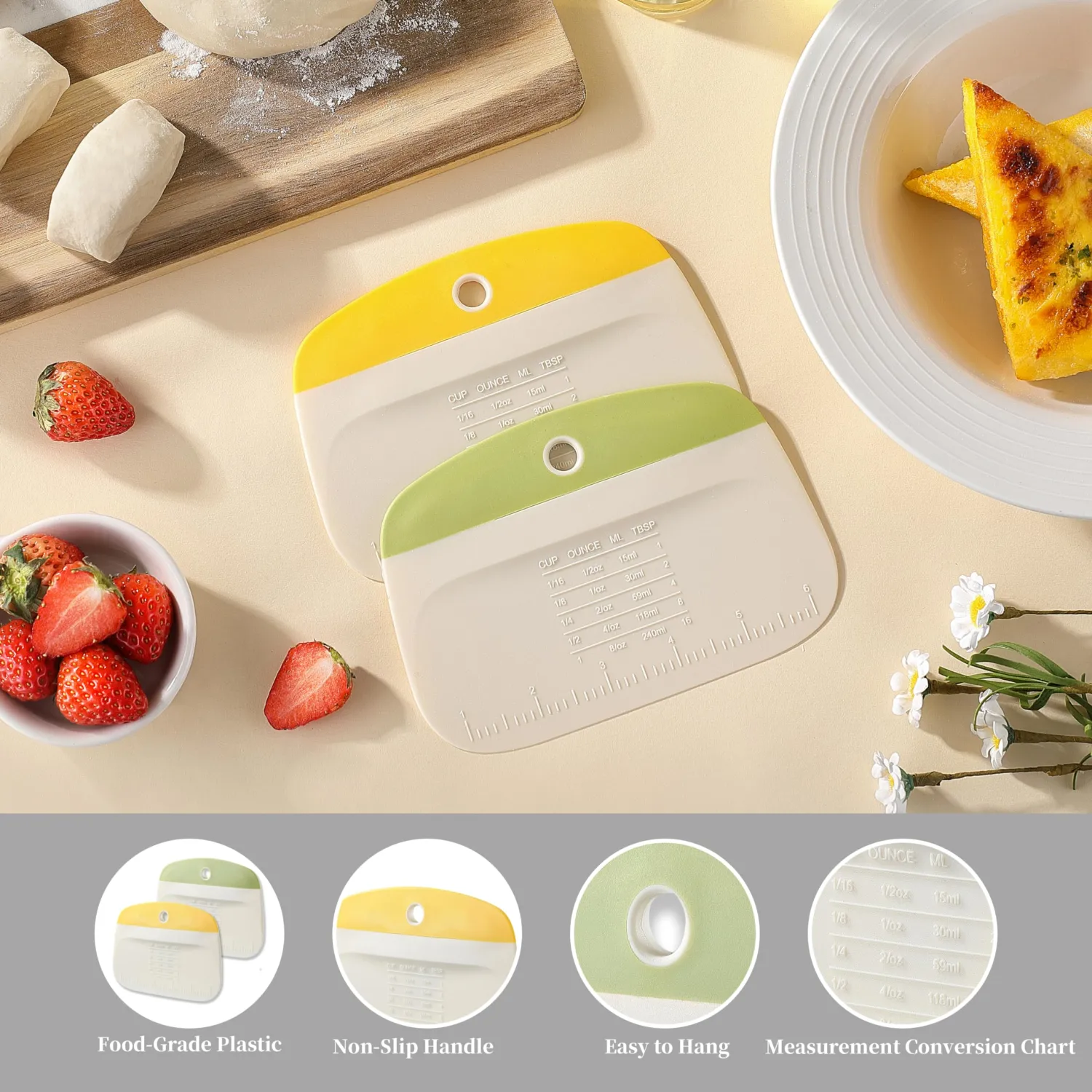 2PCS Bowl Scraper, Little Cook Bench Dough Bread Scraper, Premium Plastic Dough Cutter, Multipurpose Kitchen Food Scraper for Bread, Dough, Pastry, Cake, Baking and Cooking (2Pack, Yellow+Green)