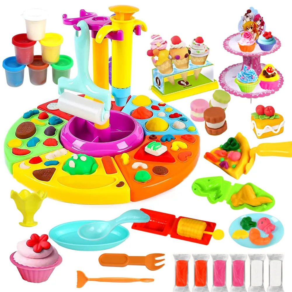 Play Color Dough Ice Cream Sets for Kids Ages 3-4-8, Pretend Play Food Dough Kitchen Creations Pizza Noodle Maker Birthday Cake Bulk Pack Accessories Party Favors Playset-56 Pcs