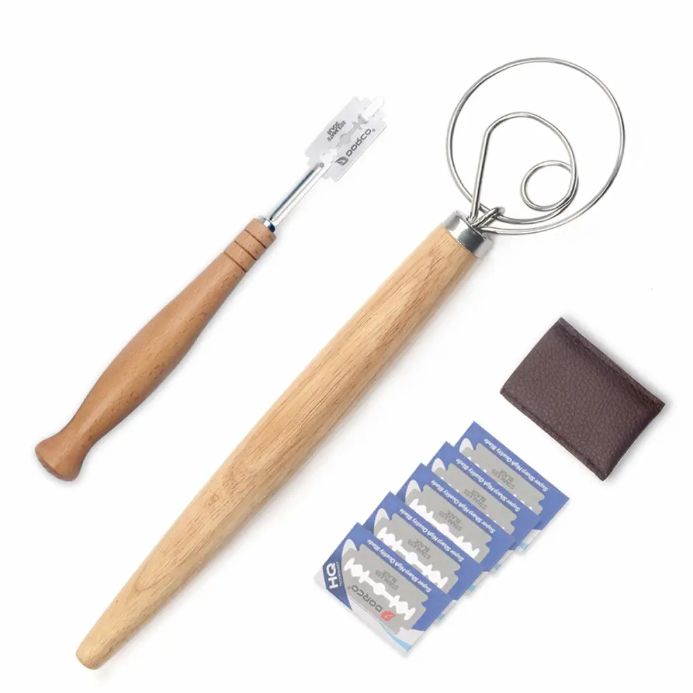 Danish Dough Whisk and Bakers Bread Lame Tool for Baking Cake Pizza, Stainless Steel Dough Scoring Knife with 5 Replacement Blades Leather Storage Cover, Lame Bread Dough Whisk Slashing Tool