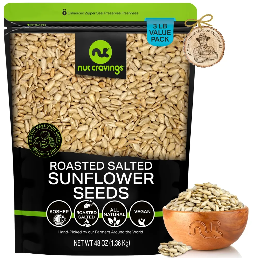 NUT CRAVINGS - Roasted Salted Sunflower Seeds Kernels to eat, No Shell Hulled (48oz - 3 LB) Bulk Nuts Packed Fresh in Resealable Bag - Healthy Protein Food Snack, Natural, Keto Friendly, Vegan, Kosher