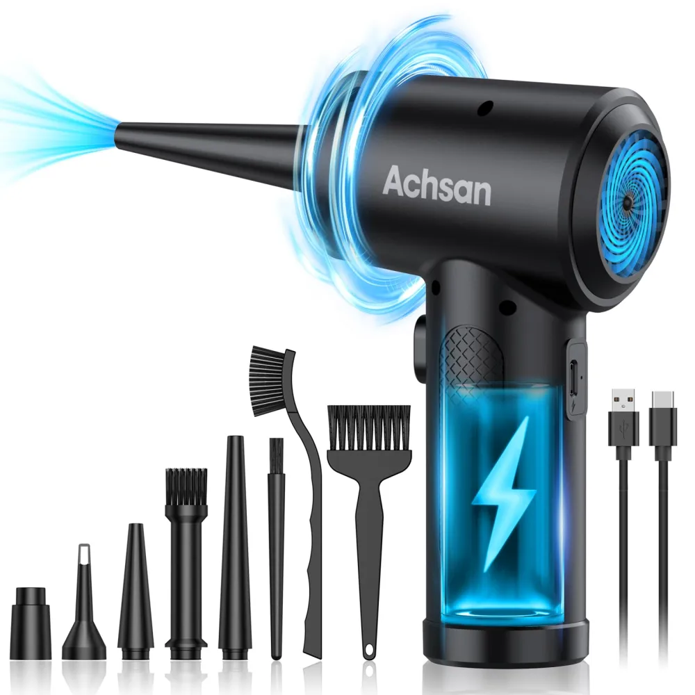 Achsan Powerful Compressed Air Duster for Deep Cleaning-Keyboard Cleaner for Office-PC Cleaning-Rechargeable-3-Speeds-91000RPM Cordless Air Blower- Car Duster 7600mAh(Black)