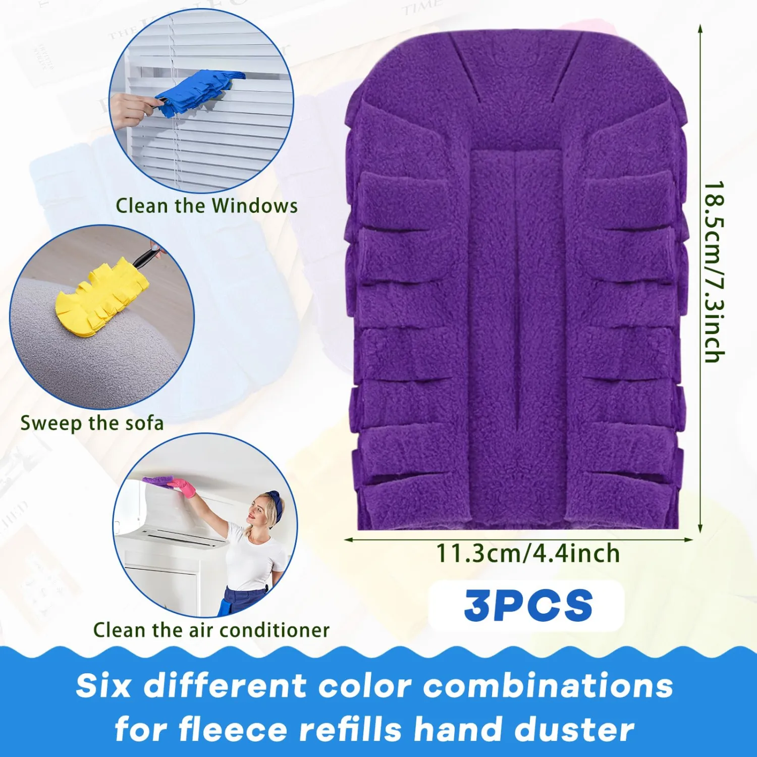 Zubebe 3 Pcs Duster Refill Fleece Refills Hand Dusters Cleaning Reusable Duster Pads Washable Dusters for Cleaning Ceiling Fan Hardwoods Window Kitchen Floor, Rainbow Colors (Yellow,Blue,Purple)