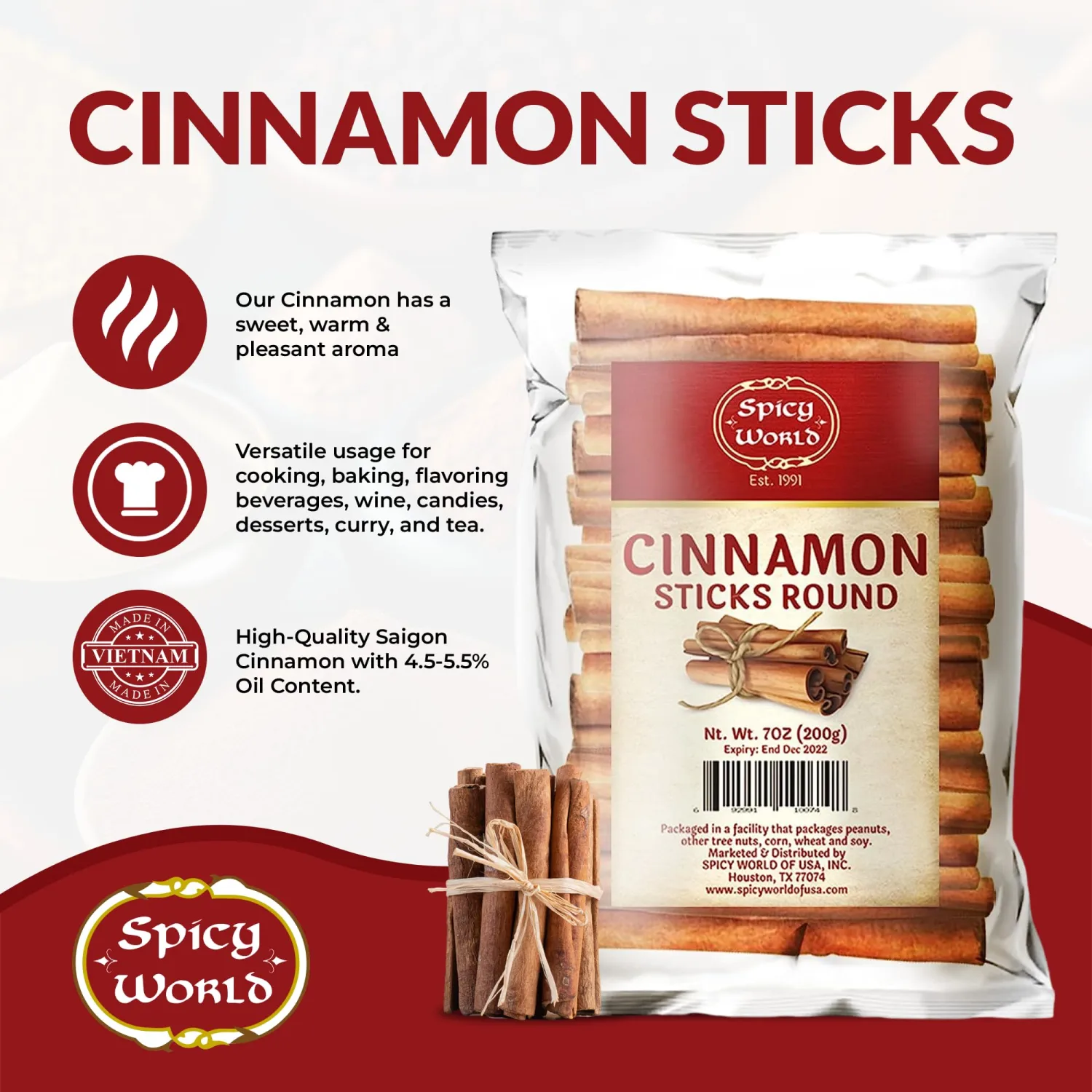 Spicy World Cinnamon Sticks 7 Ounce Bag - 36-44 Sticks - Perfect for Baking, Cooking & Beverages - 3+ Inches Length - Cassia Saigon Cinnamon from Vietnam