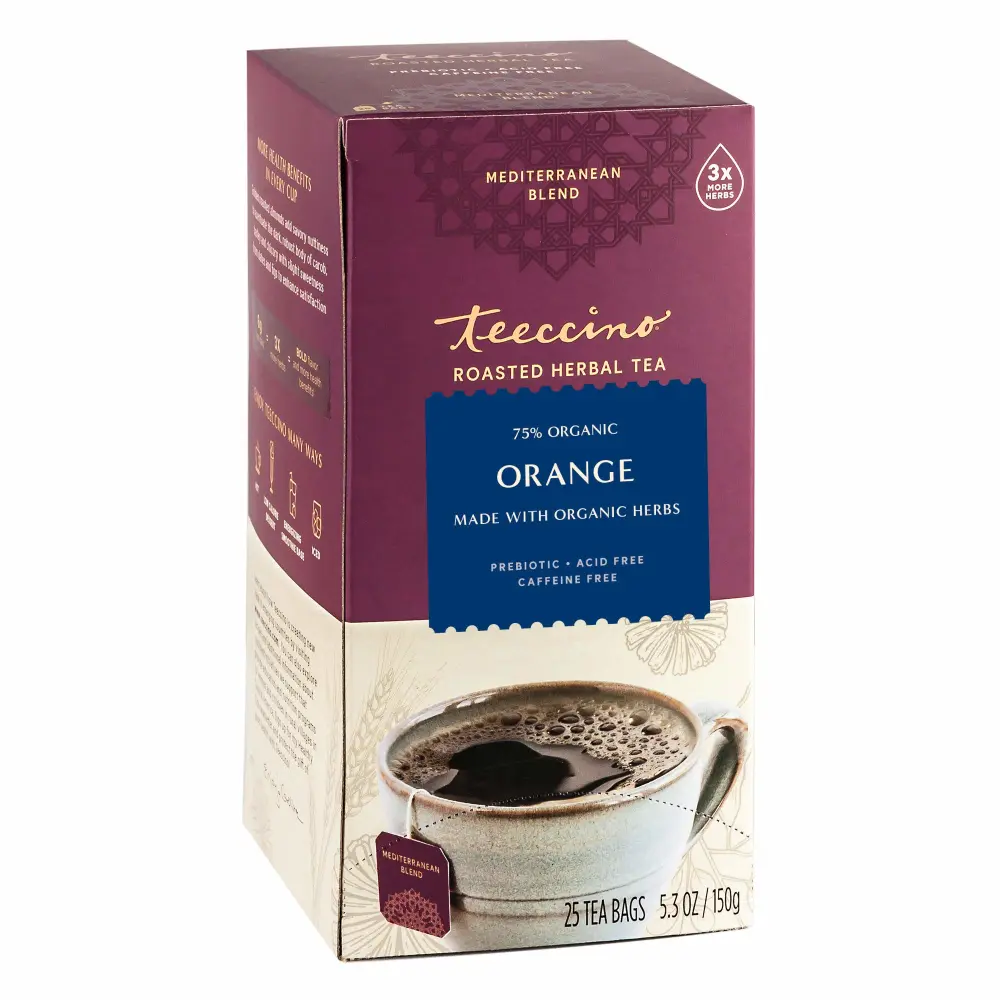 Teeccino Orange Herbal Tea - Enjoy Hot or Iced Tea Made with Roasted Chicory, Carob & Barley, Prebiotic, Caffeine Free, Acid Free, 25 Tea Bags