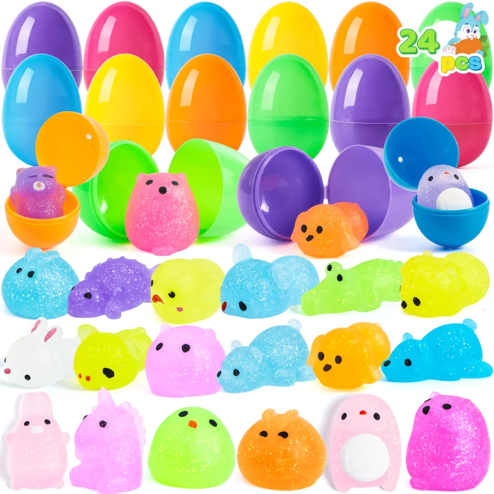 JOYIN 24 Pcs Mochi Squishy Toy Prefilled Easter Eggs, Glitter Mochi Squishy Toys for Kids Easter Basket Stuffers Fillers, Easter Egg Party Favors, Easter Eggs Hunt Event Classroom Prize Supplies