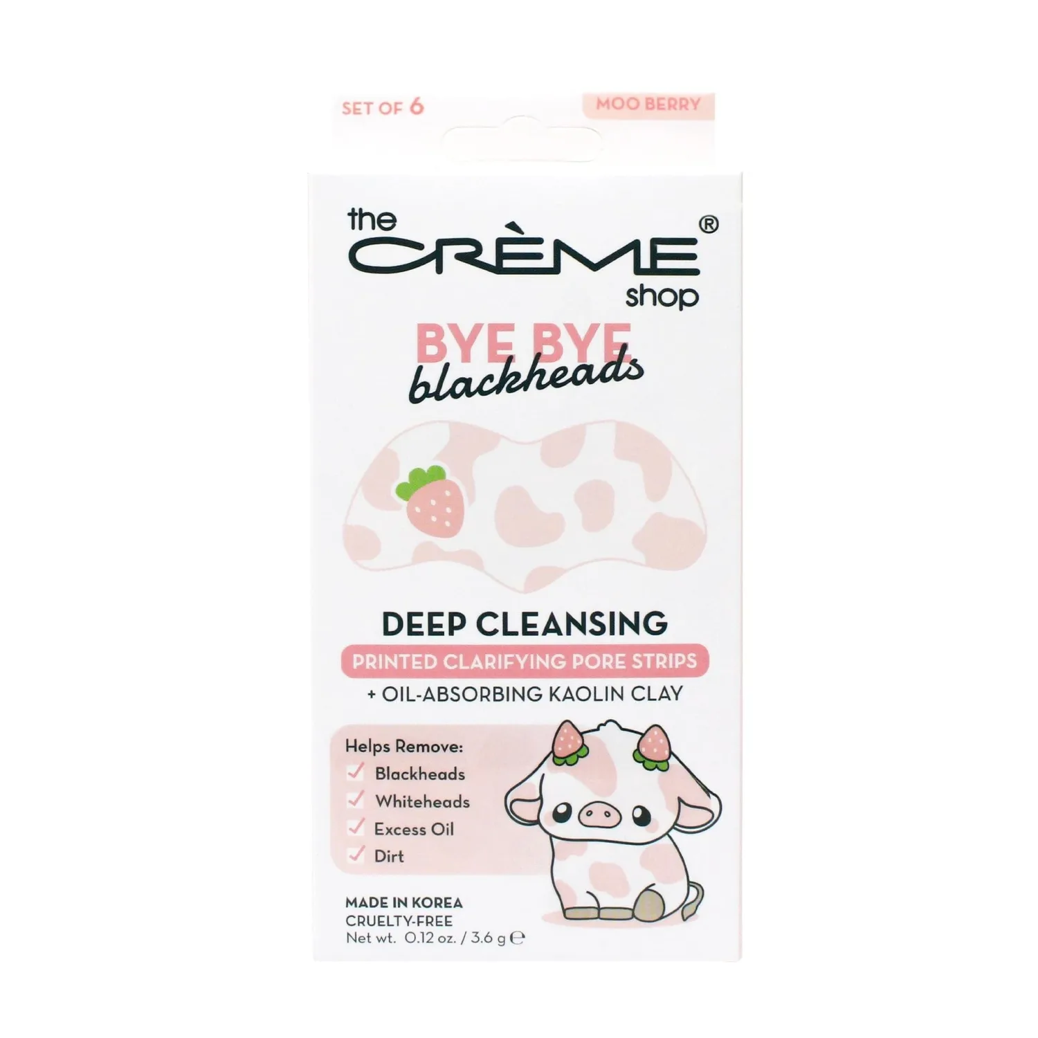 The Crème Shop Bye Bye Blackhead Nose Strips - Oil-Absorbing Kaolin Clay Deep Cleanse - Pore Stickers Target Blackheads Whiteheads Excess Oil and Dirt (Moo Berry) 6 Counts 1 Pack