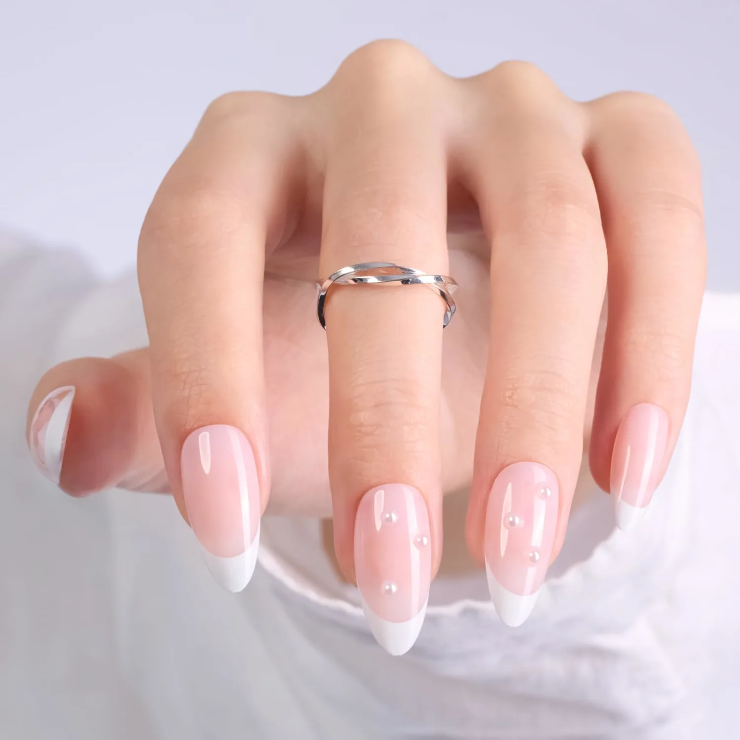Beetles Press On Nails French Tip Medium Almond Milky Pink Nails, Reusable Translucent Glue-on Nails in 15 Sizes - 30pcs Nail Kit with 10ml Quick-drying Nail Glue and Nail File Gift for Girls