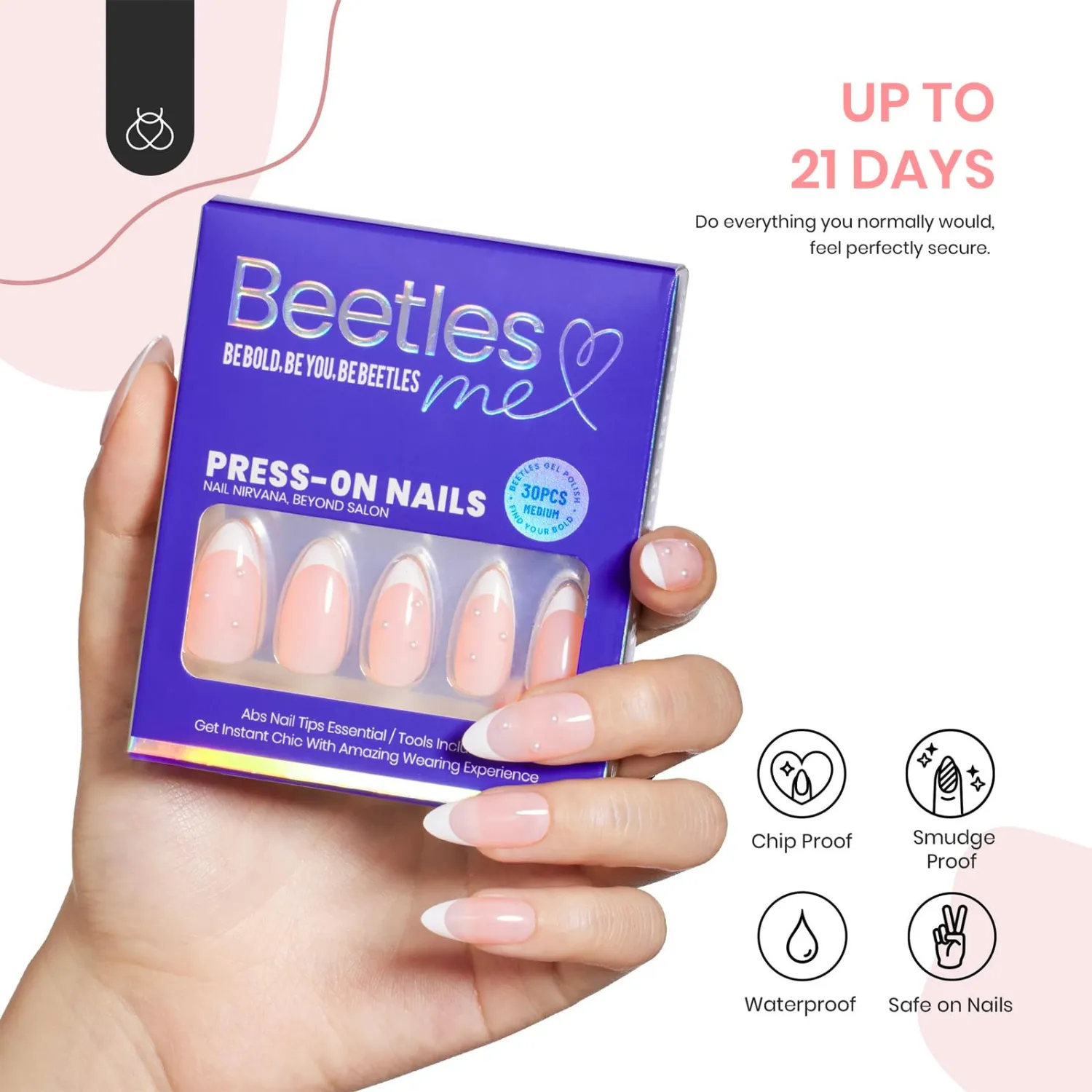Beetles Press On Nails French Tip Medium Almond Milky Pink Nails, Reusable Translucent Glue-on Nails in 15 Sizes - 30pcs Nail Kit with 10ml Quick-drying Nail Glue and Nail File Gift for Girls