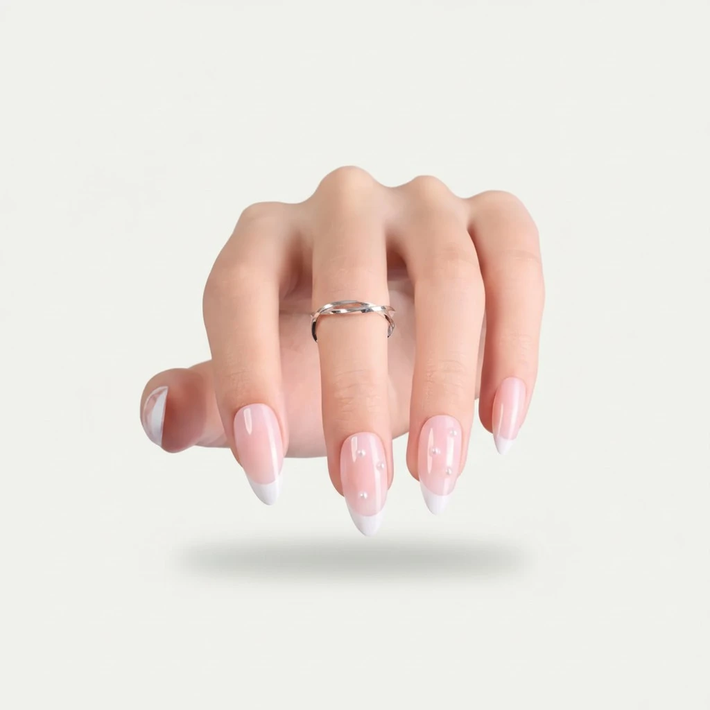Beetles Press On Nails French Tip Medium Almond Milky Pink Nails, Reusable Translucent Glue-on Nails in 15 Sizes - 30pcs Nail Kit with 10ml Quick-drying Nail Glue and Nail File Gift for Girls