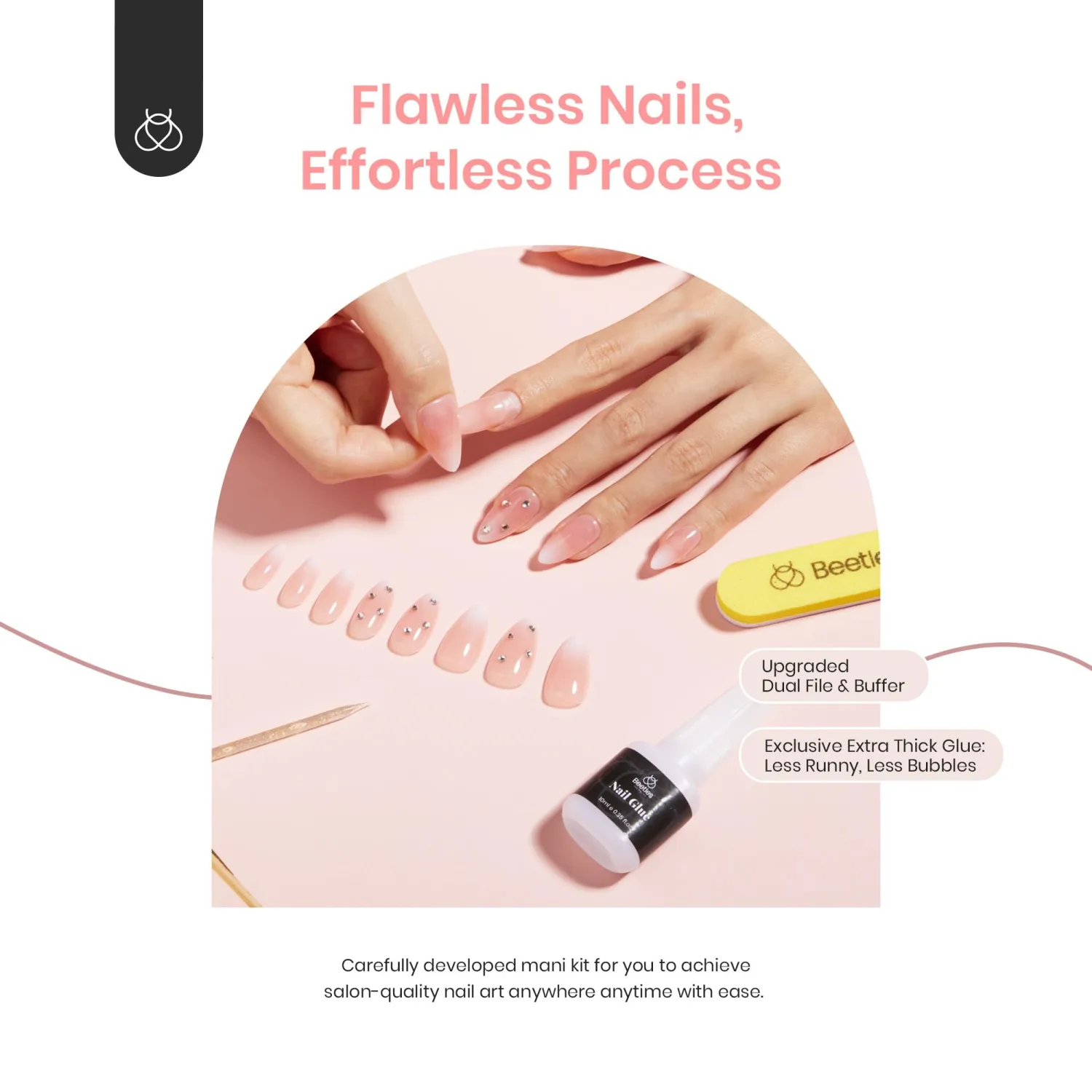 Beetles Coffin Press On Nails 30pcs False Nail Tip Medium Nails, 15 Sizes Reusable Translucent Glue-on Nails Elegant False Nail Kit with 10ml Quick-drying Nail Glue and Nail File Diy