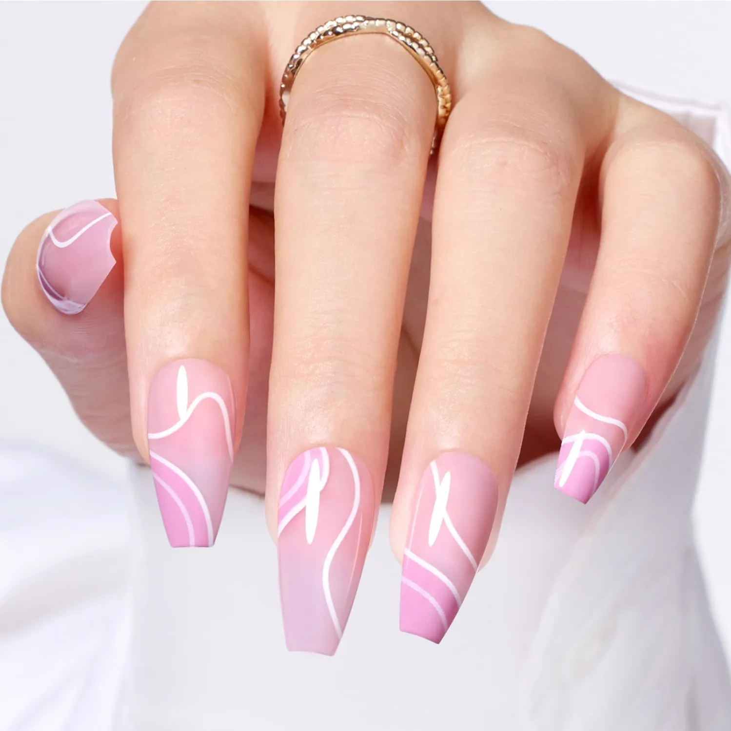 Beetles Press On Nails Medium Coffin Pink Nail Art Nails, Reusable Full Cover Stick on Nails in 14 Sizes - 28 Nail Kit with 10ml Quick-drying Nail Glue and Nail File Nails