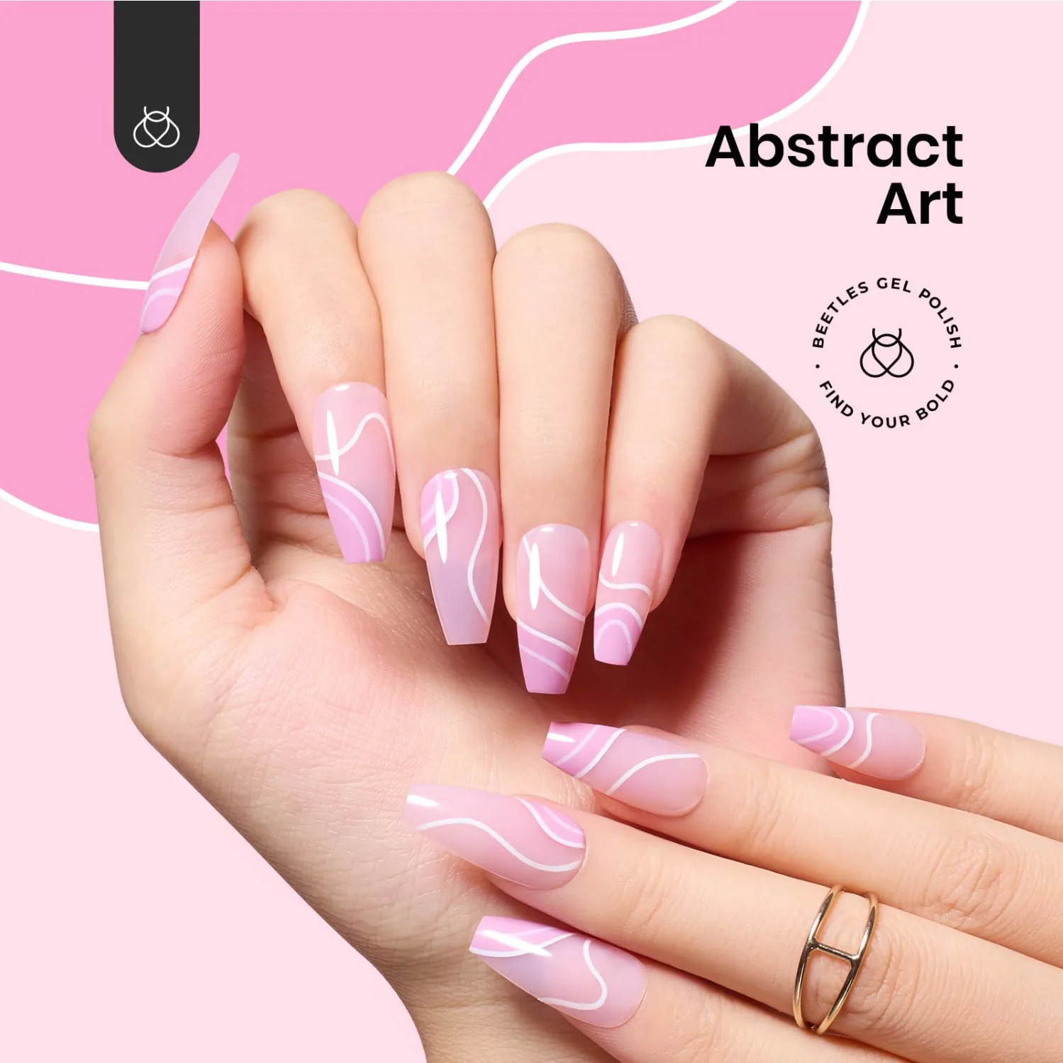 Beetles Press On Nails Medium Coffin Pink Nail Art Nails, Reusable Full Cover Stick on Nails in 14 Sizes - 28 Nail Kit with 10ml Quick-drying Nail Glue and Nail File Nails