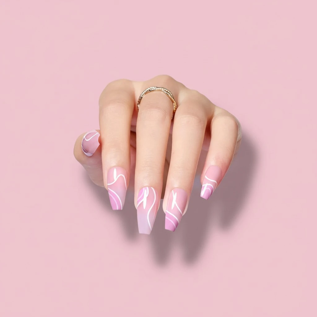 Beetles Press On Nails Medium Coffin Pink Nail Art Nails, Reusable Full Cover Stick on Nails in 14 Sizes - 28 Nail Kit with 10ml Quick-drying Nail Glue and Nail File Nails