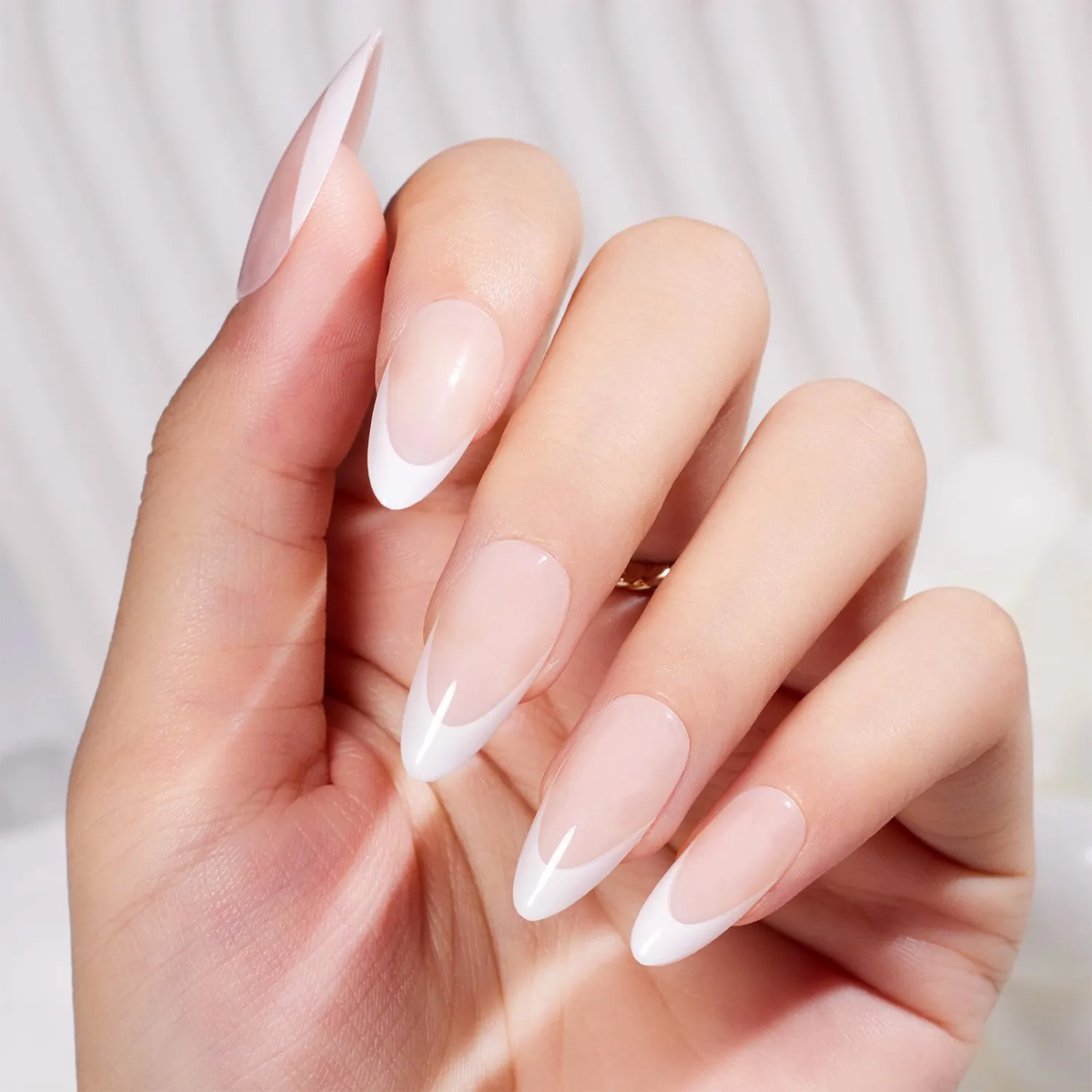 Beetles French Press On Nails-Medium Supremely Fit & Natural Soft Gel Press on Nails Almond White Nude Glue on Nails All Season Stick on Nails in 12 Sizes Fake Nails Kit Nails Gifts
