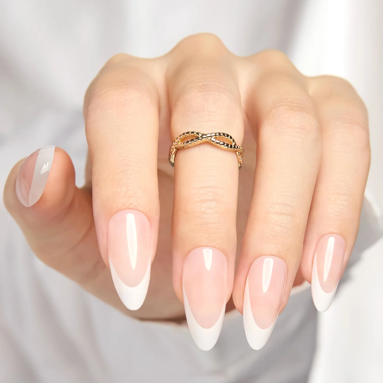 Beetles French Press On Nails-Medium Supremely Fit & Natural Soft Gel Press on Nails Almond White Nude Glue on Nails All Season Stick on Nails in 12 Sizes Fake Nails Kit Nails Gifts