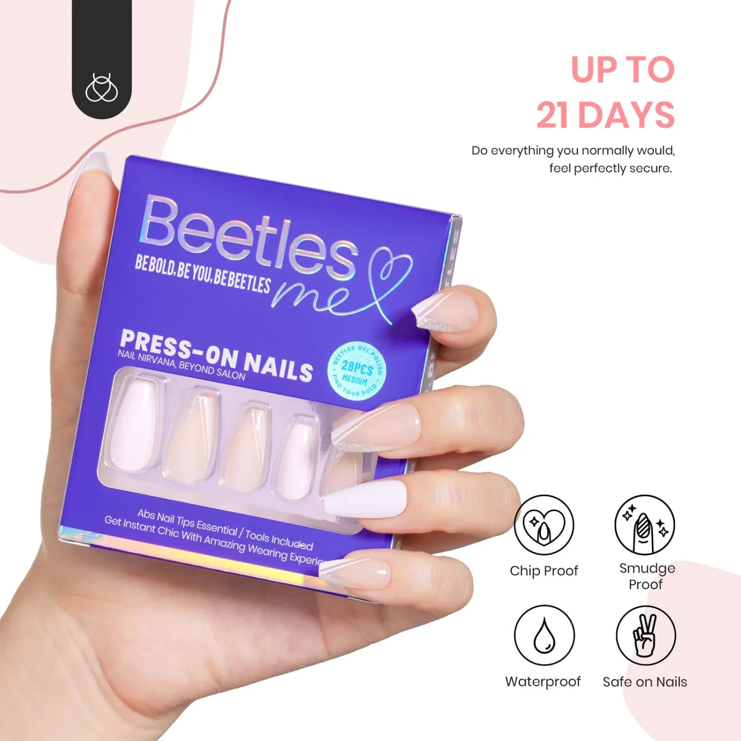 Beetles Press On Nails Tip Medium coffin Nails, Reusable White Nude French Glue-on Nails in 14Sizes - 24pcs Nail Kit with 10ml Quick-drying Nail Glue and Nail File Gifts for Her