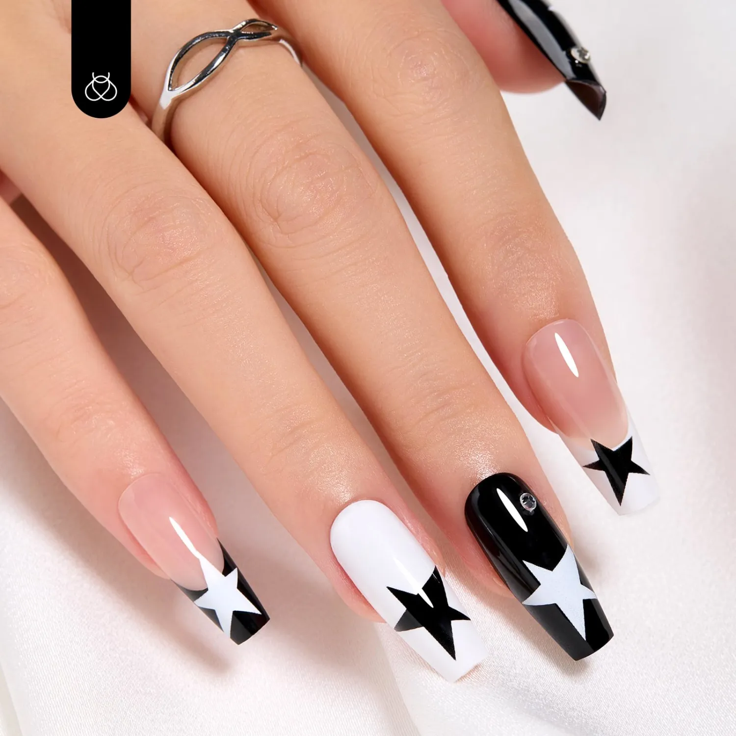 Beetles Press On Nail False Nail Tips 30 Pcs in 15 Sizes with 10ml Quick-drying Nail Glue Mini Manicure File Reusable Black White Star Glue-on Nails Kit Home Salon DIY Gifts for Women Girls