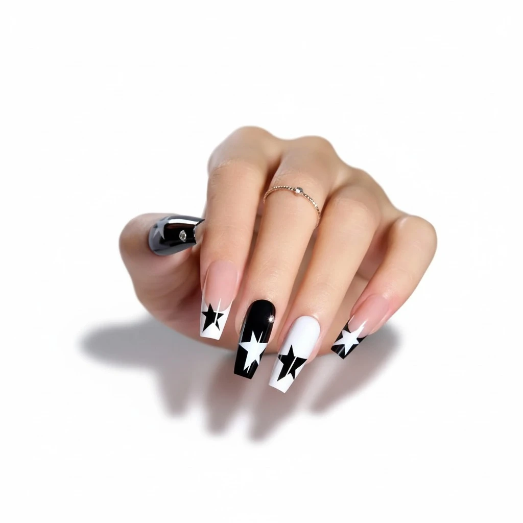 Beetles Press On Nail False Nail Tips 30 Pcs in 15 Sizes with 10ml Quick-drying Nail Glue Mini Manicure File Reusable Black White Star Glue-on Nails Kit Home Salon DIY Gifts for Women Girls