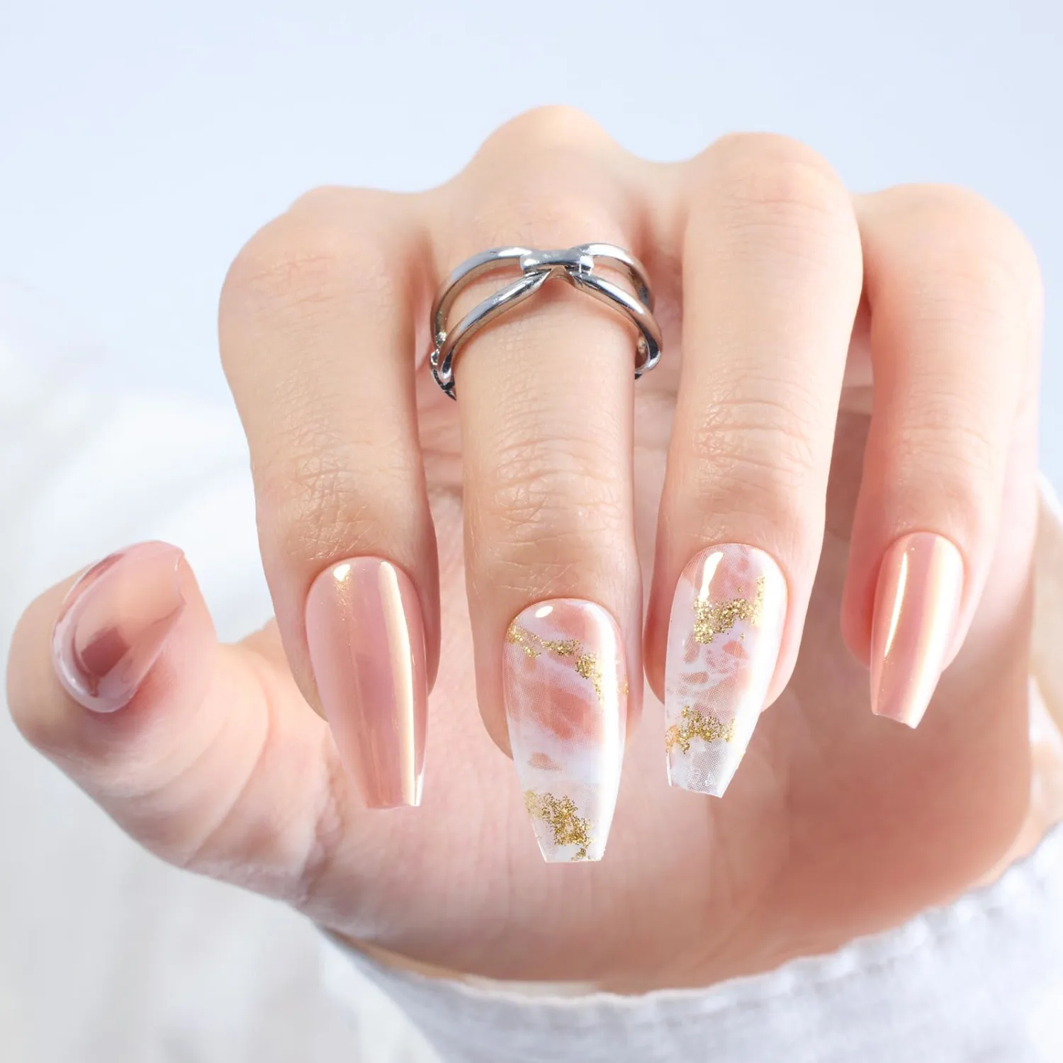 Beetles Press On Nails Medium Coffin Glitter Nails, Reusable Pink White Blooming Pattern Glue-on Nails in 14 Sizes - 28 Nail Kit with 10ml Quick-drying Nail Glue and Nail File Gift for Girls