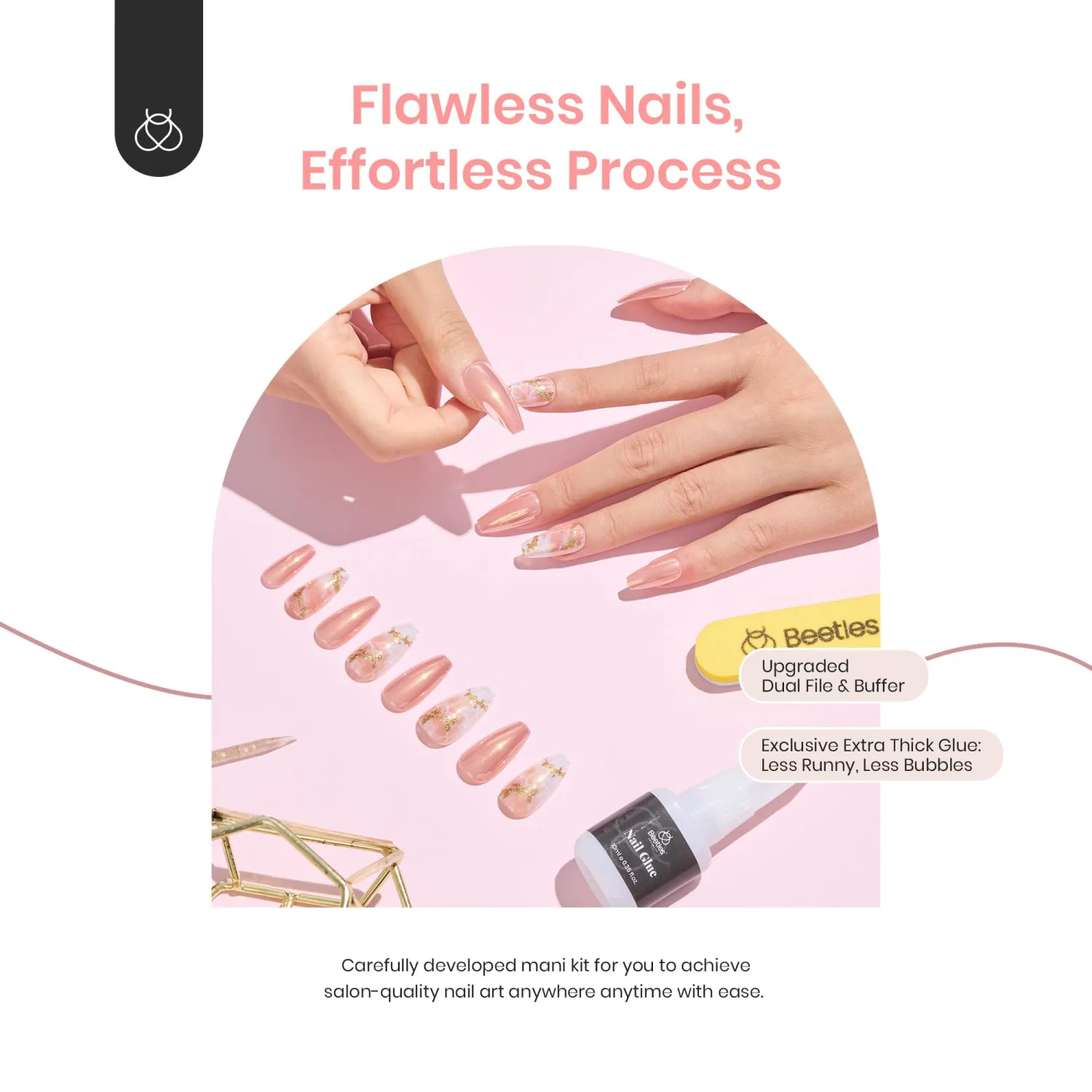 Beetles Press On Nails Medium Coffin Glitter Nails, Reusable Pink White Blooming Pattern Glue-on Nails in 14 Sizes - 28 Nail Kit with 10ml Quick-drying Nail Glue and Nail File Gift for Girls