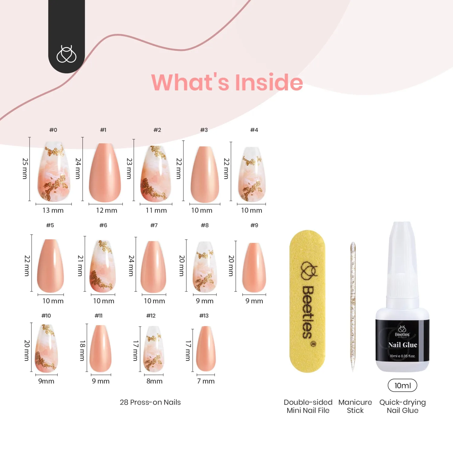 Beetles Press On Nails Medium Coffin Glitter Nails, Reusable Pink White Blooming Pattern Glue-on Nails in 14 Sizes - 28 Nail Kit with 10ml Quick-drying Nail Glue and Nail File Gift for Girls
