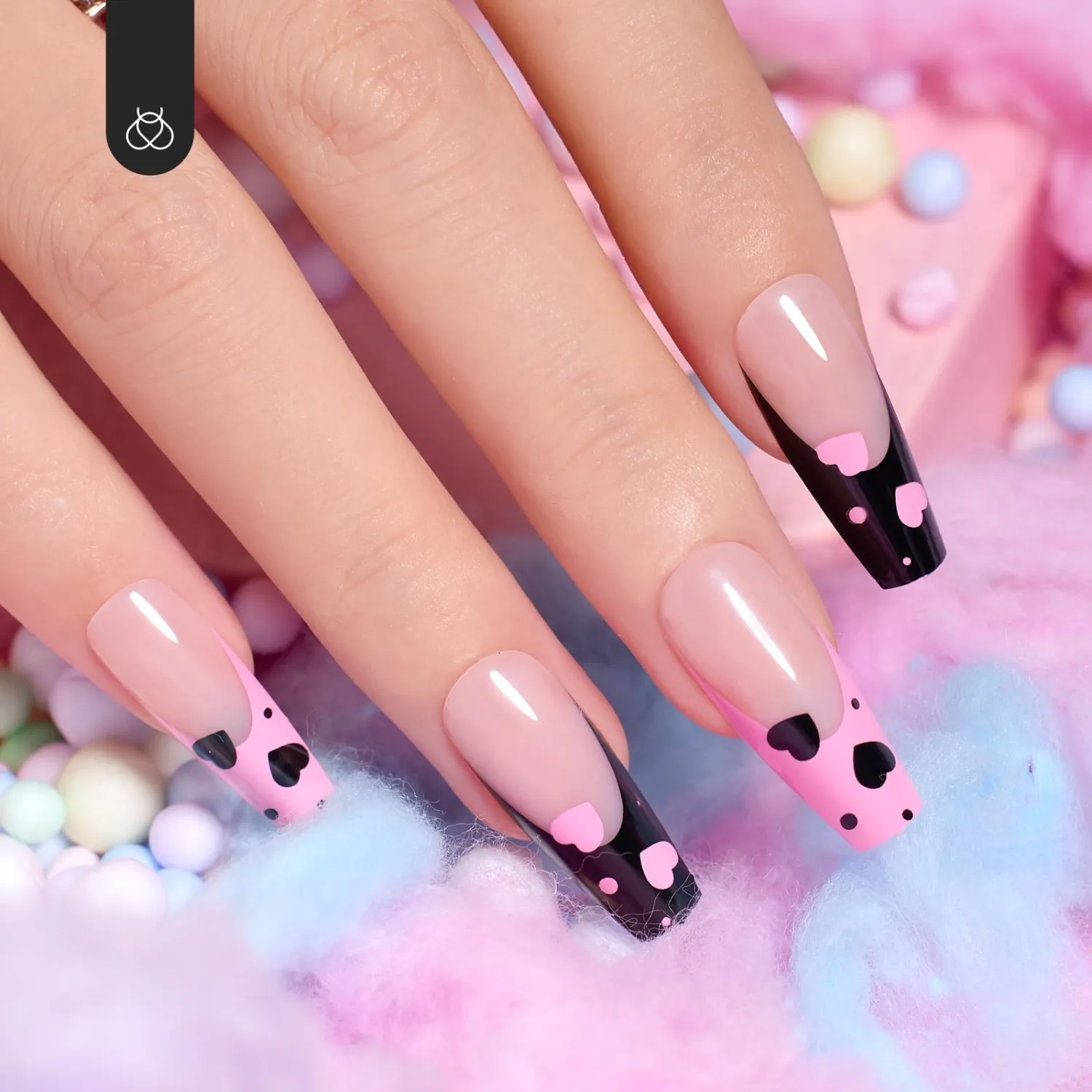 Beetles Press On Nail False Nail Tips 30 Pcs in 15 Sizes Nude Pink Black with 10ml Quick-drying Nail Glue Cute Pink Heart Glue-on Nails Kit Home Salon DIY Love-filled Gifts