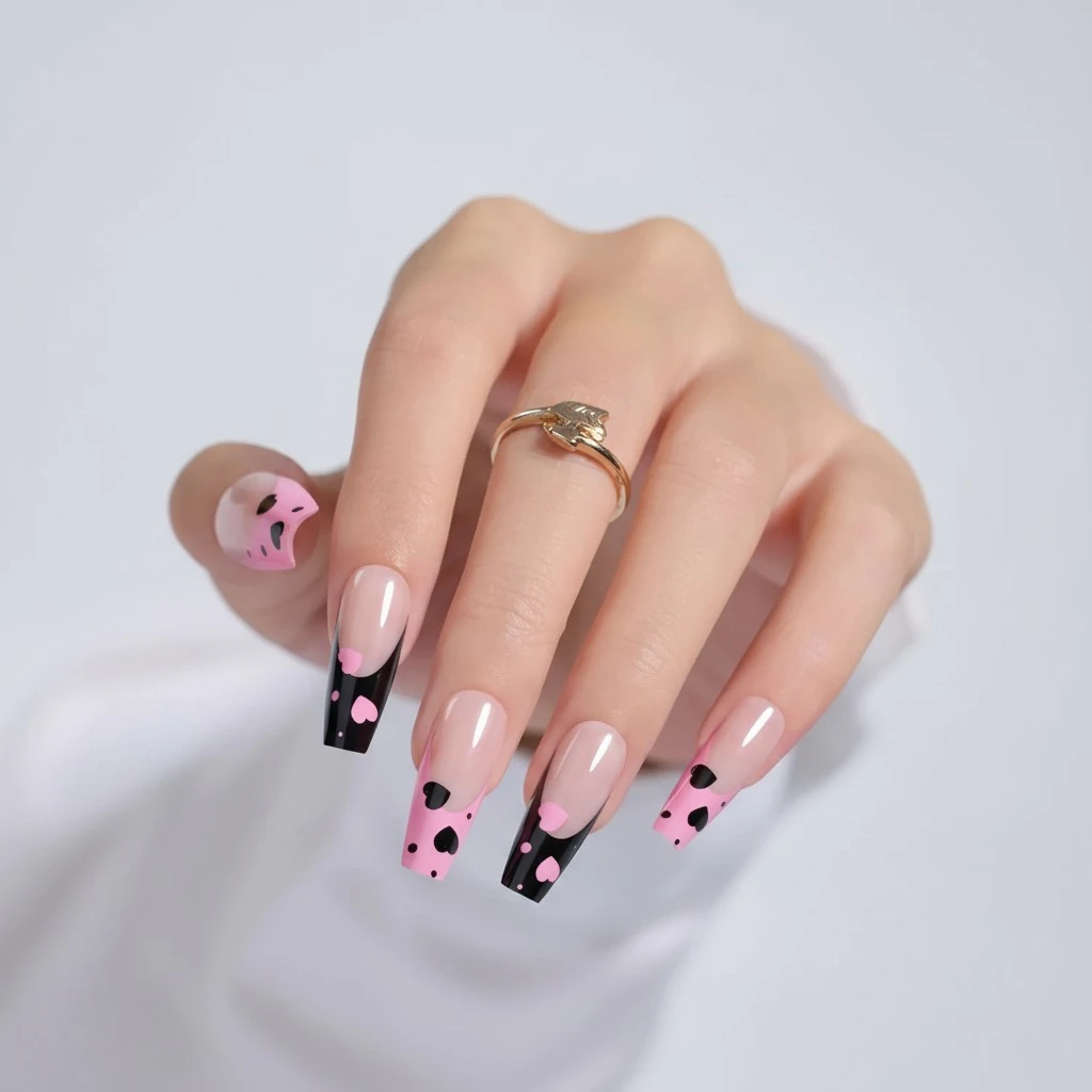 Beetles Press On Nail False Nail Tips 30 Pcs in 15 Sizes Nude Pink Black with 10ml Quick-drying Nail Glue Cute Pink Heart Glue-on Nails Kit Home Salon DIY Love-filled Gifts