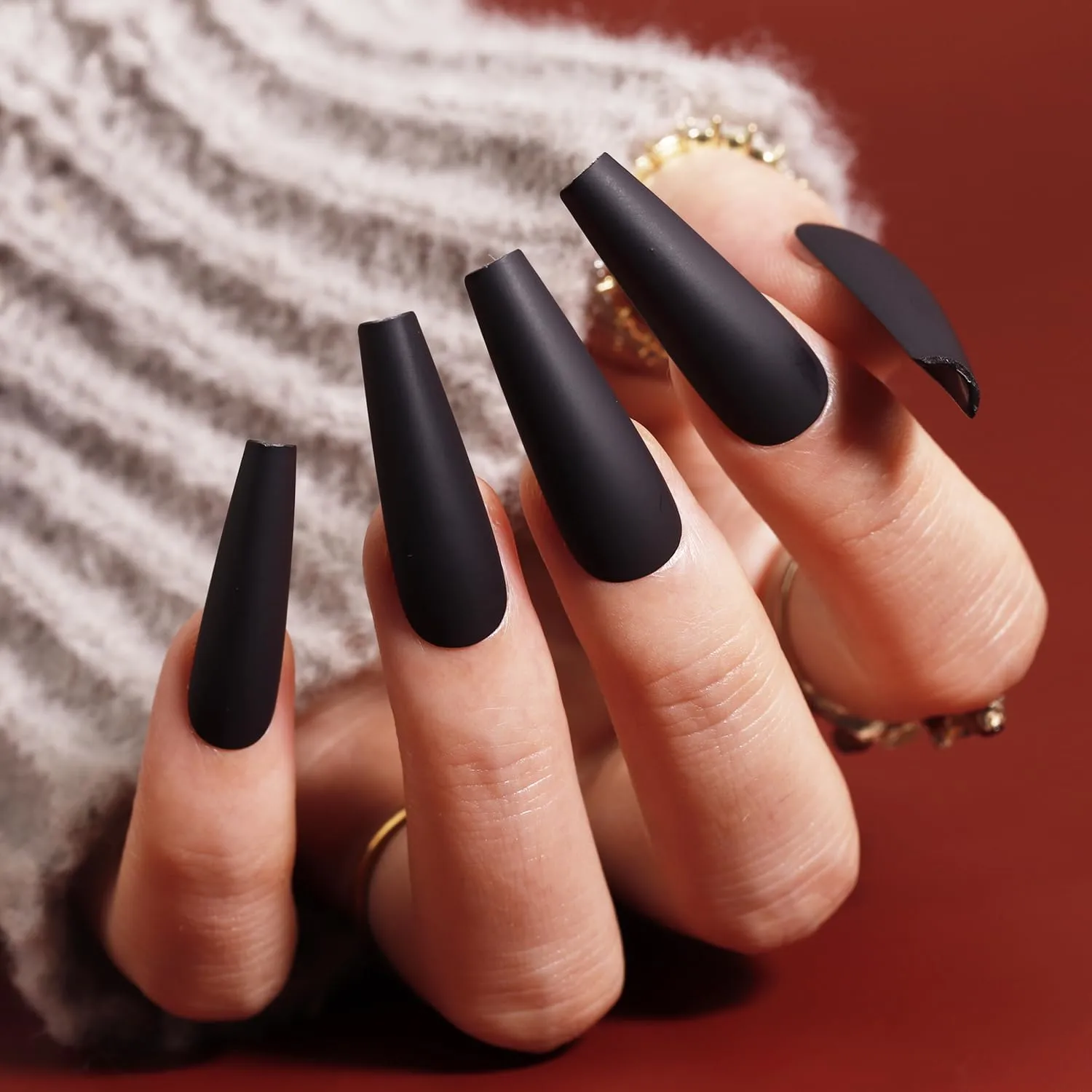 Matte Black Press On Nails Long Coffin Shape, BettyCora Acrylic Nails Long Length Stick on Nails, Salon Quality Pure Color Nails