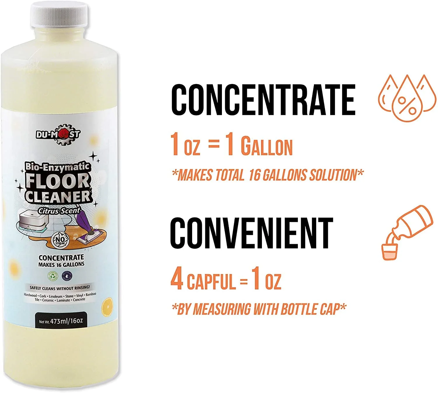 Enzymatic Floor Cleaner Concentrate (1 Oz Makes 1 Gal), No, Streak, No Rinsing, Kids & Pets Safe, Hard Surface Floors, Citrus Scent, 16 Fl Oz