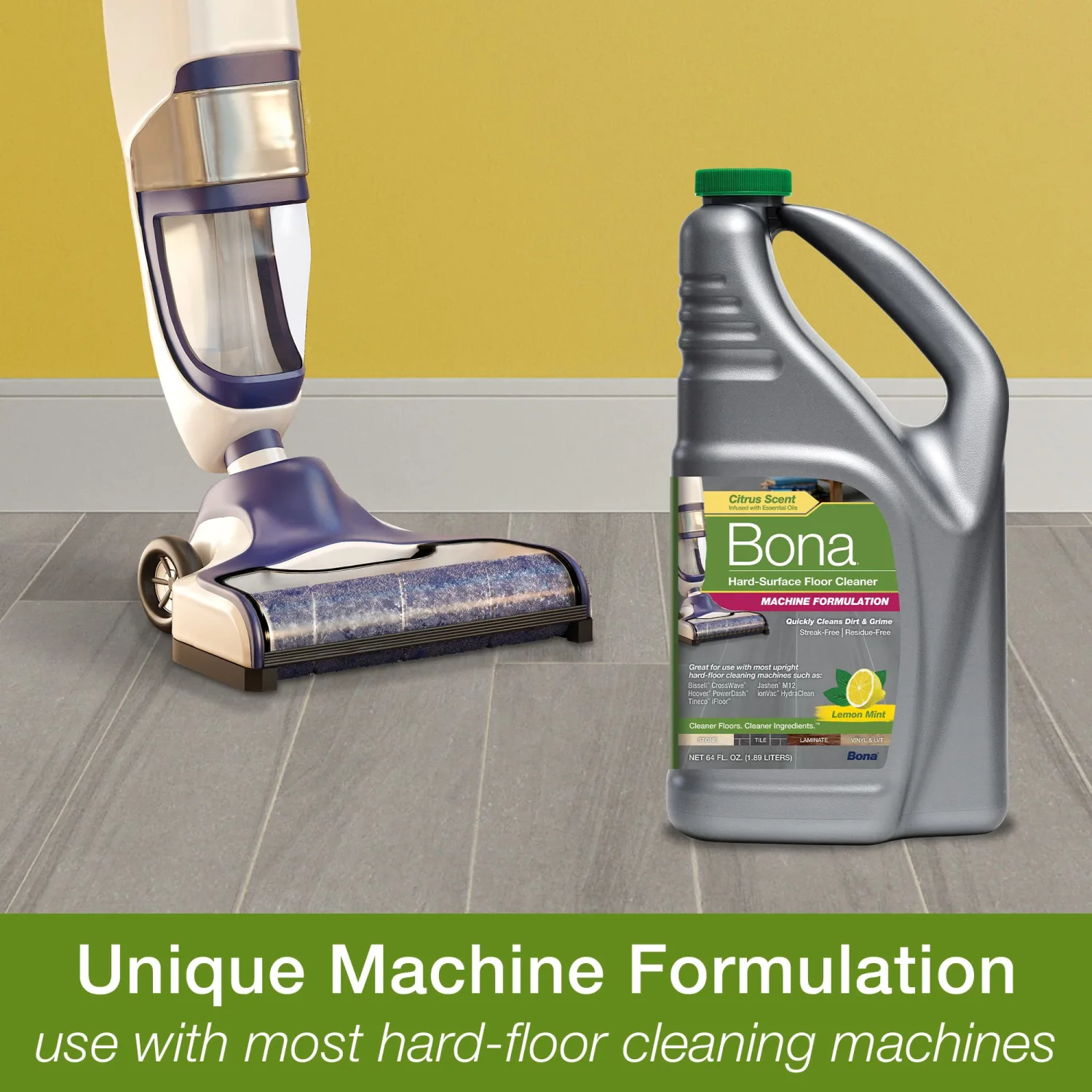 Bona Multi-Surface Cleaning Machine Formulation, Multi-Surface Floor Cleaner Concentrate Refill, for Stone Tile Laminate and Vinyl LVT/LVP, Lemon Mint Scent, 64 Fl Oz