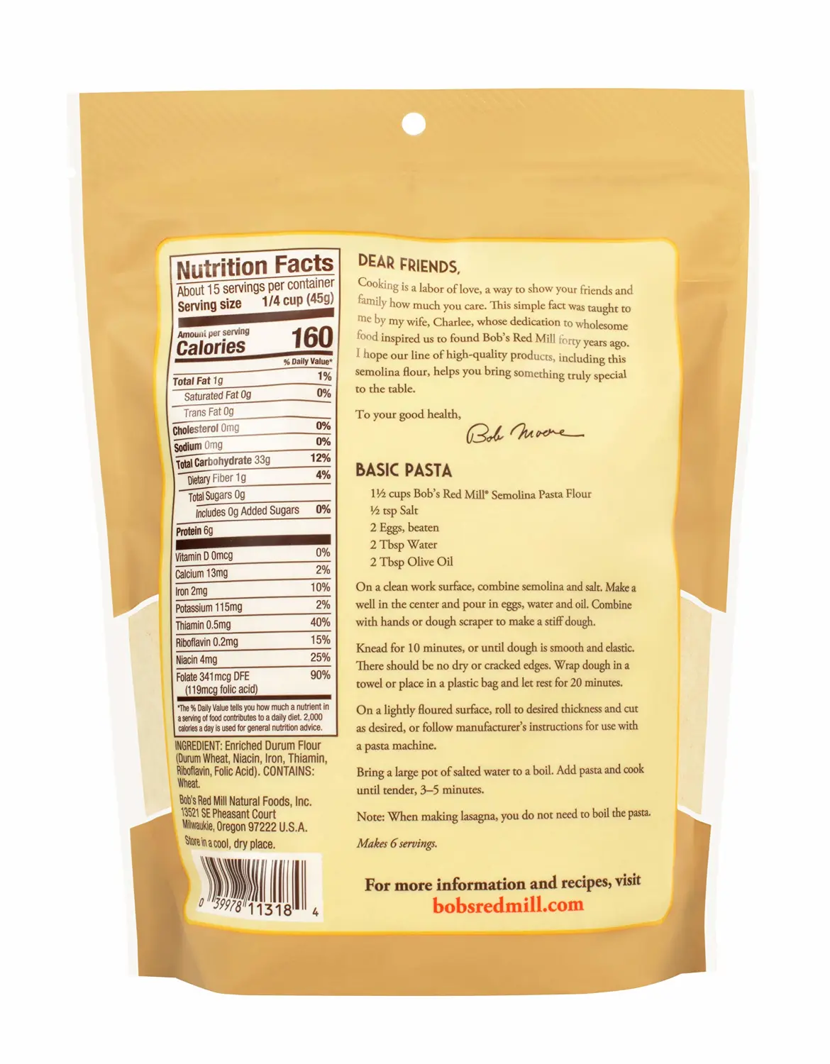 Bob's Red Mill Semolina Pasta Flour, 24oz (Pack of 4) - Vegan, Kosher