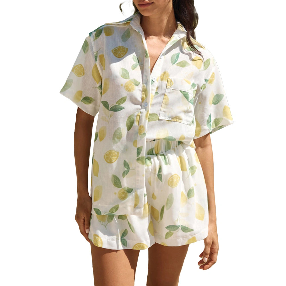 Women 2 Piece Outfits Lemon Prints Button Shirt and Elastic Shorts