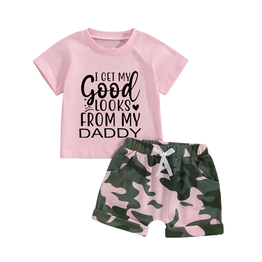 Kids Girls Summer Outfit Letter Print T-Shirt and Camouflage Shorts